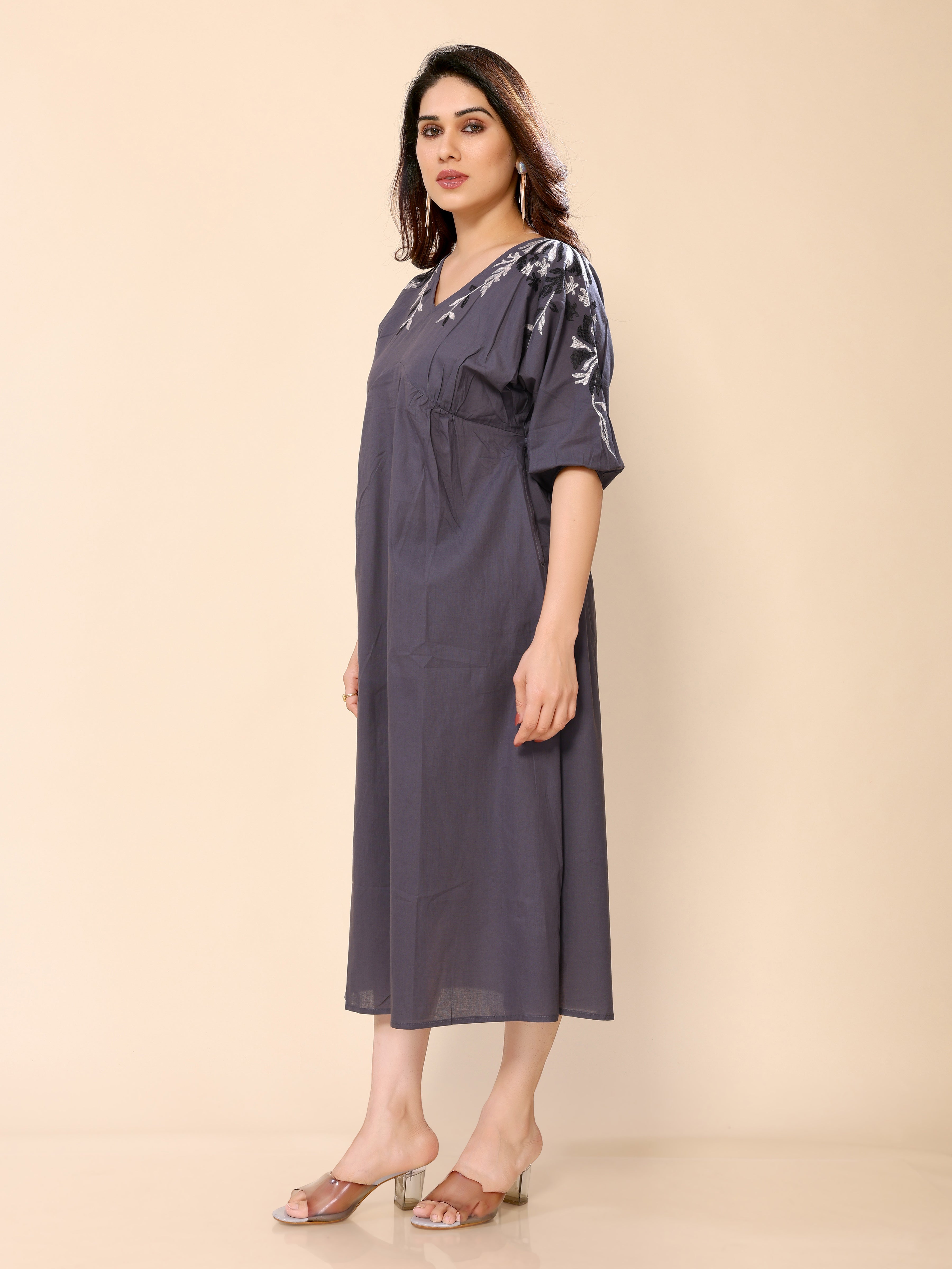 Grey Cotton Floral Embroidery Gown One Piece Dress