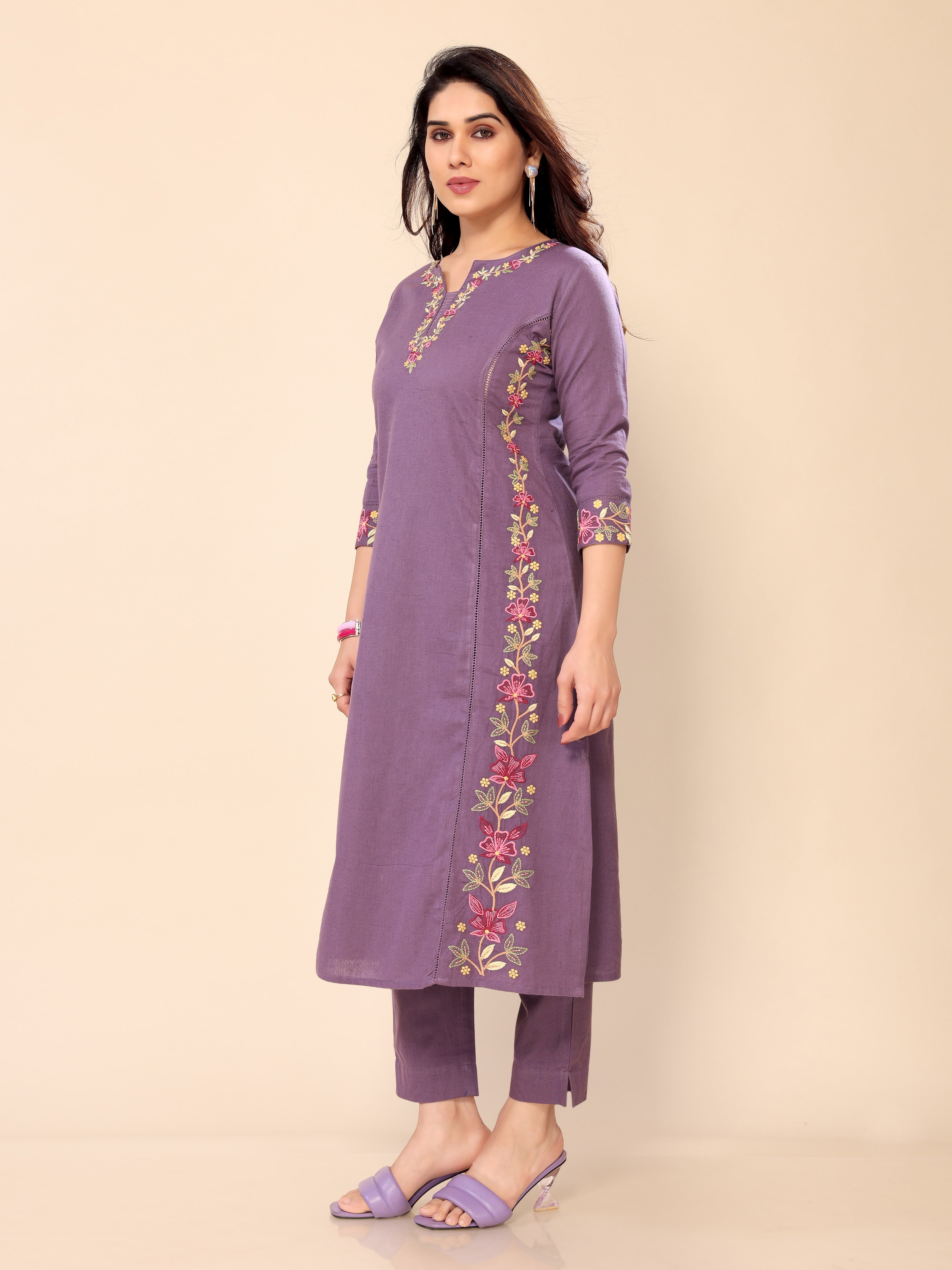 Purple Floral Embroidery Cotton Kurta with Trouser Pant