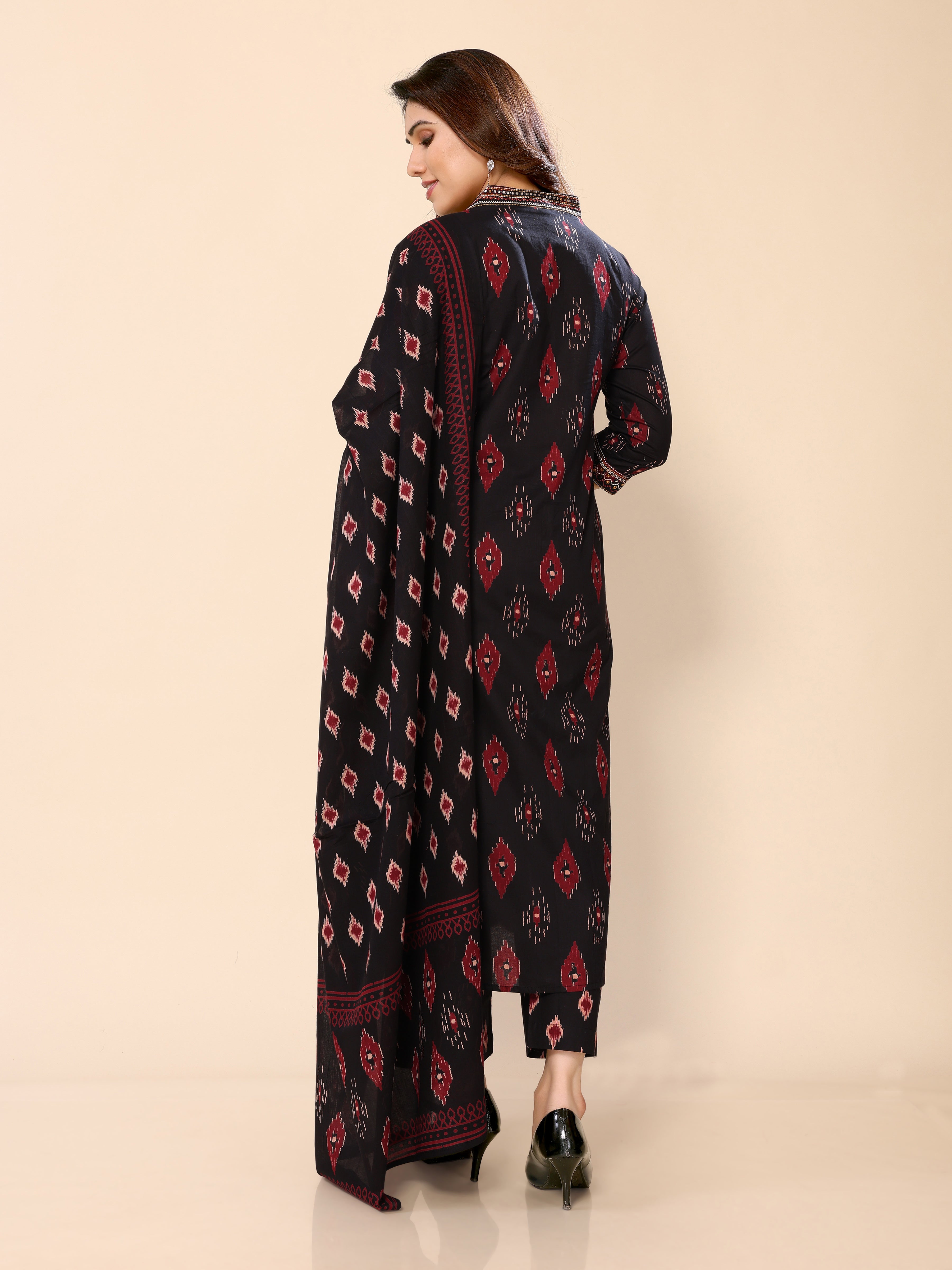 Black Ikat Printed Mul Cotton Long Kurti with Pant and Dupatta set