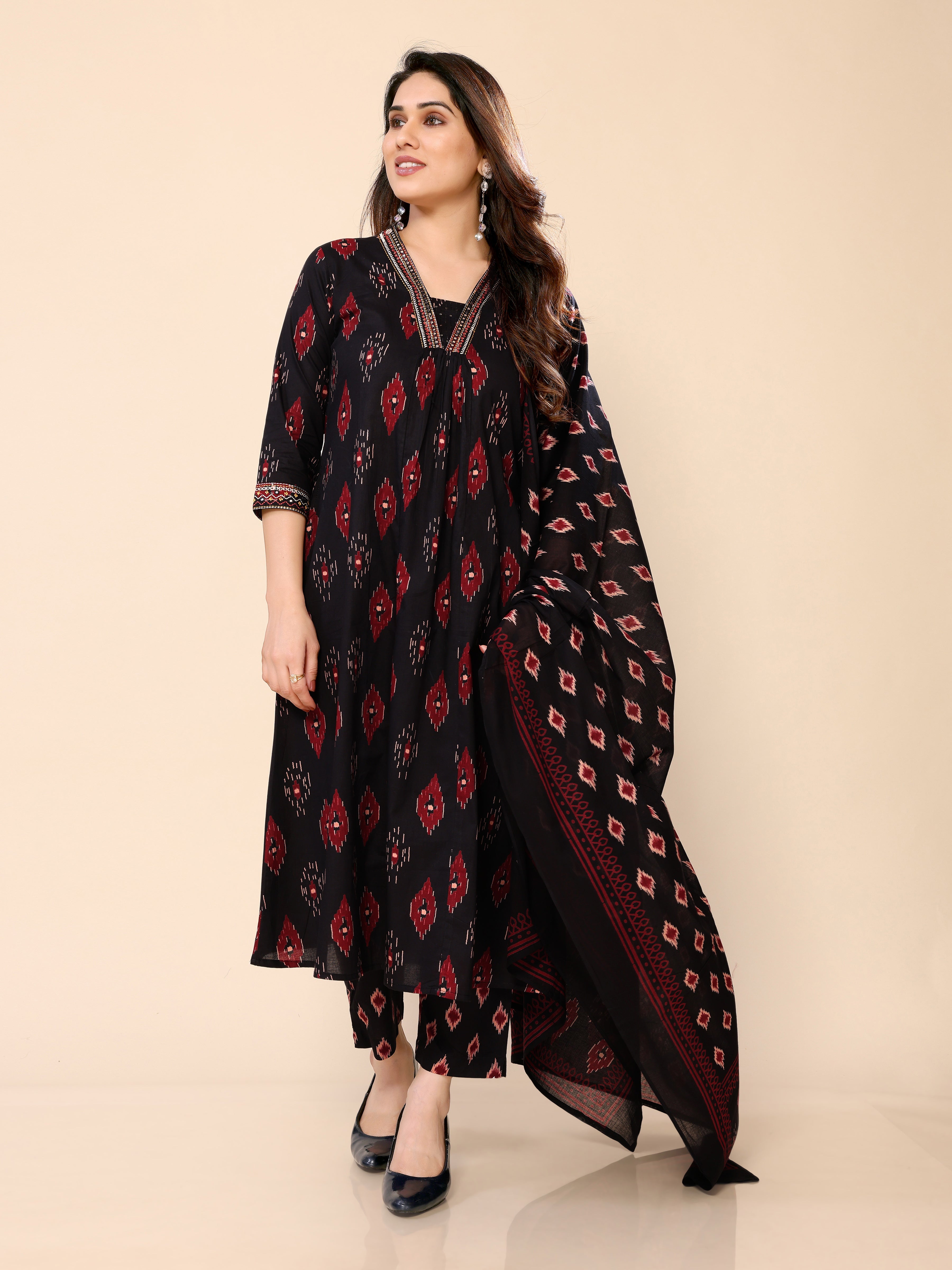Black Ikat Printed Mul Cotton Long Kurti with Pant and Dupatta set