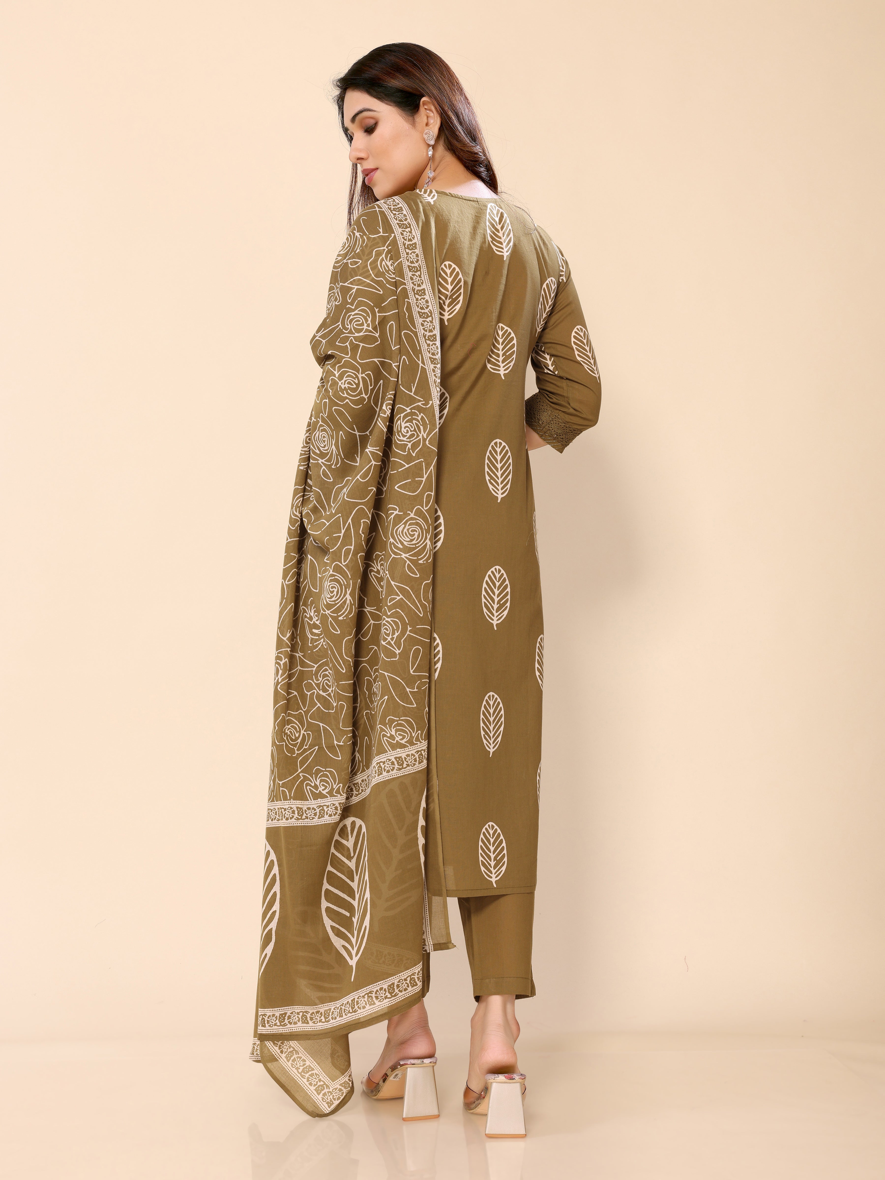 Mehendi Green Cotton Printed Kurta Pant & Dupatta Set