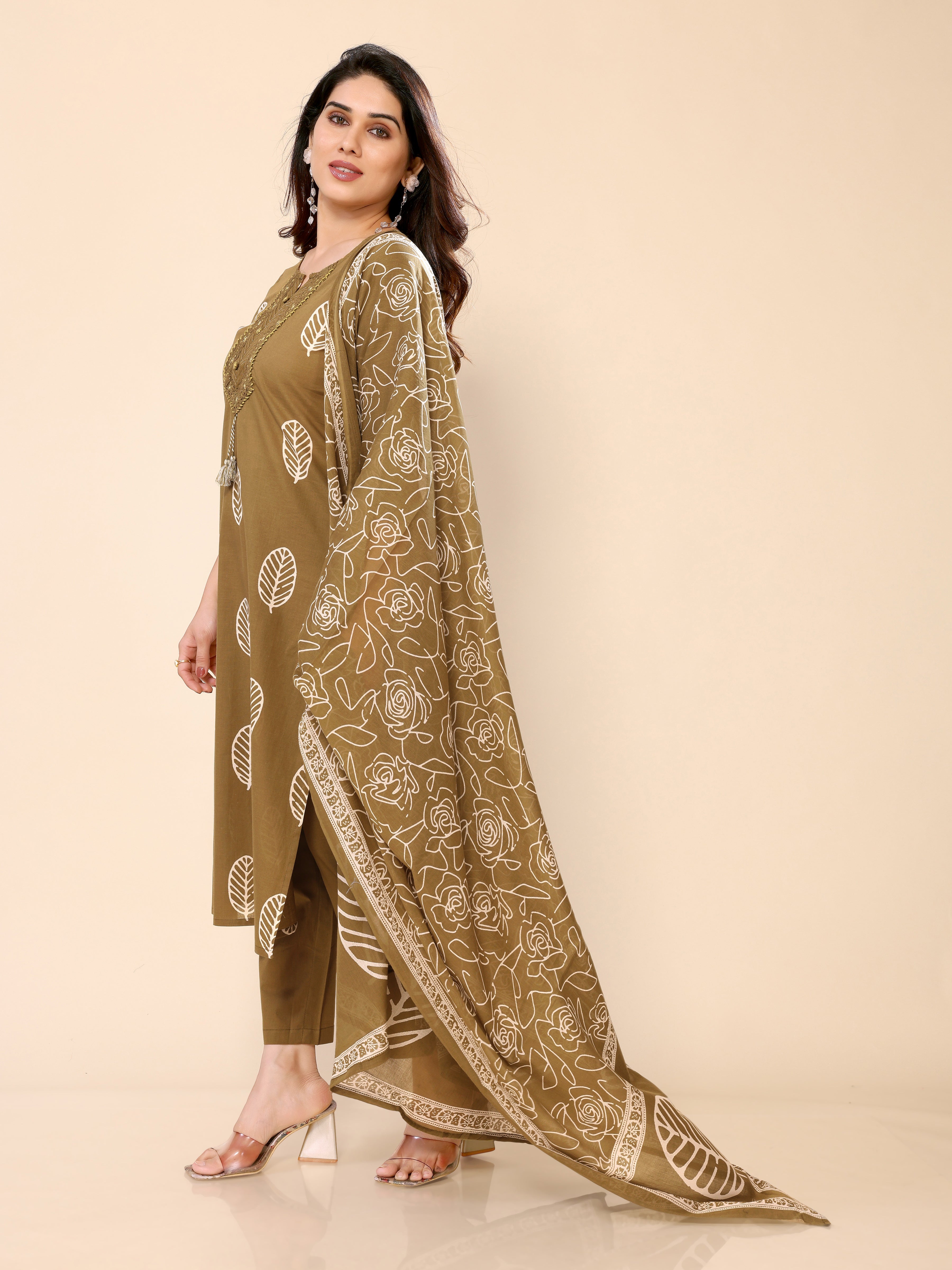 Mehendi Green Cotton Printed Kurta Pant & Dupatta Set