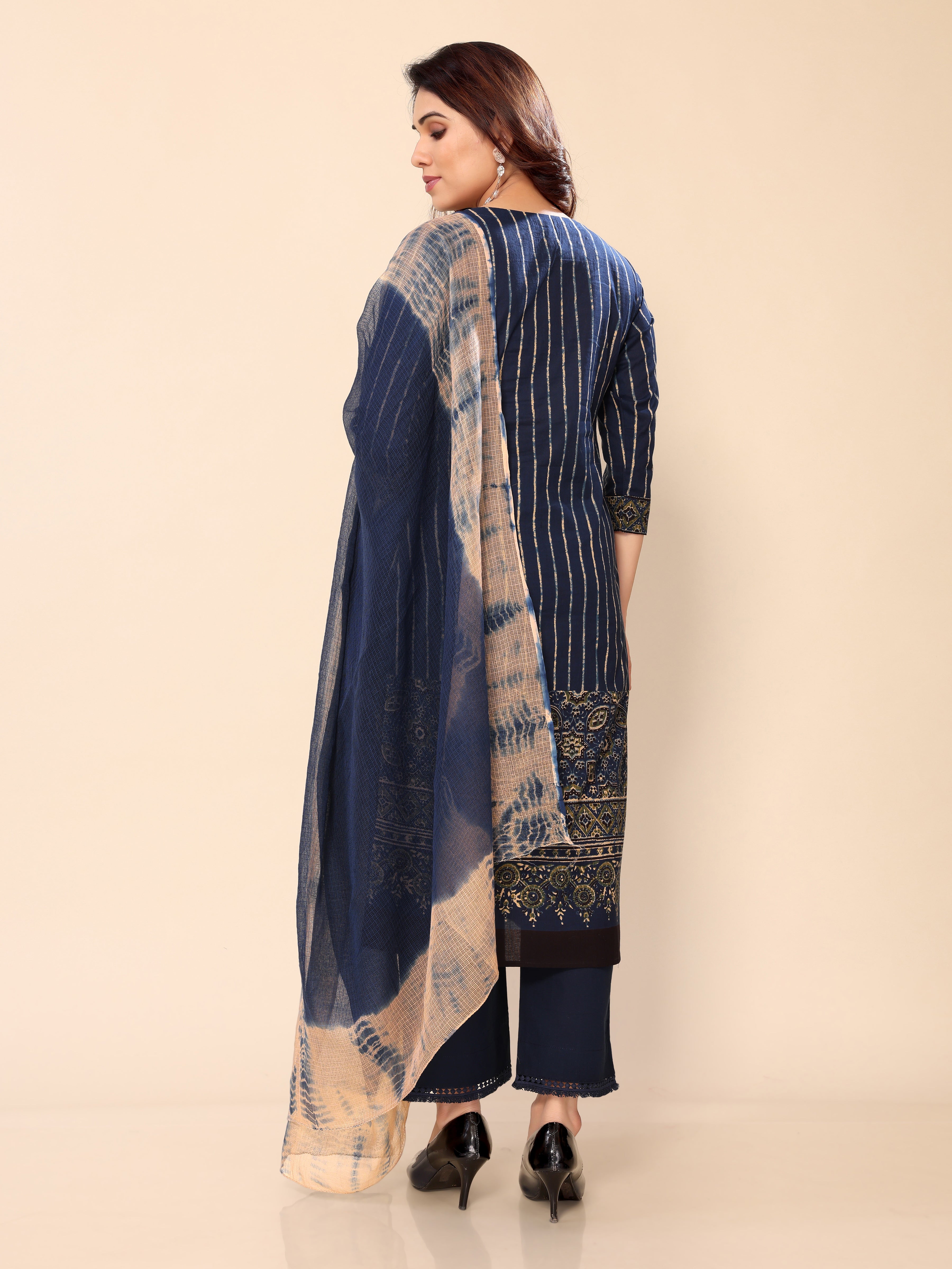 Blue Ethnic Print Straight Kurti with Pants and Dupatta Set