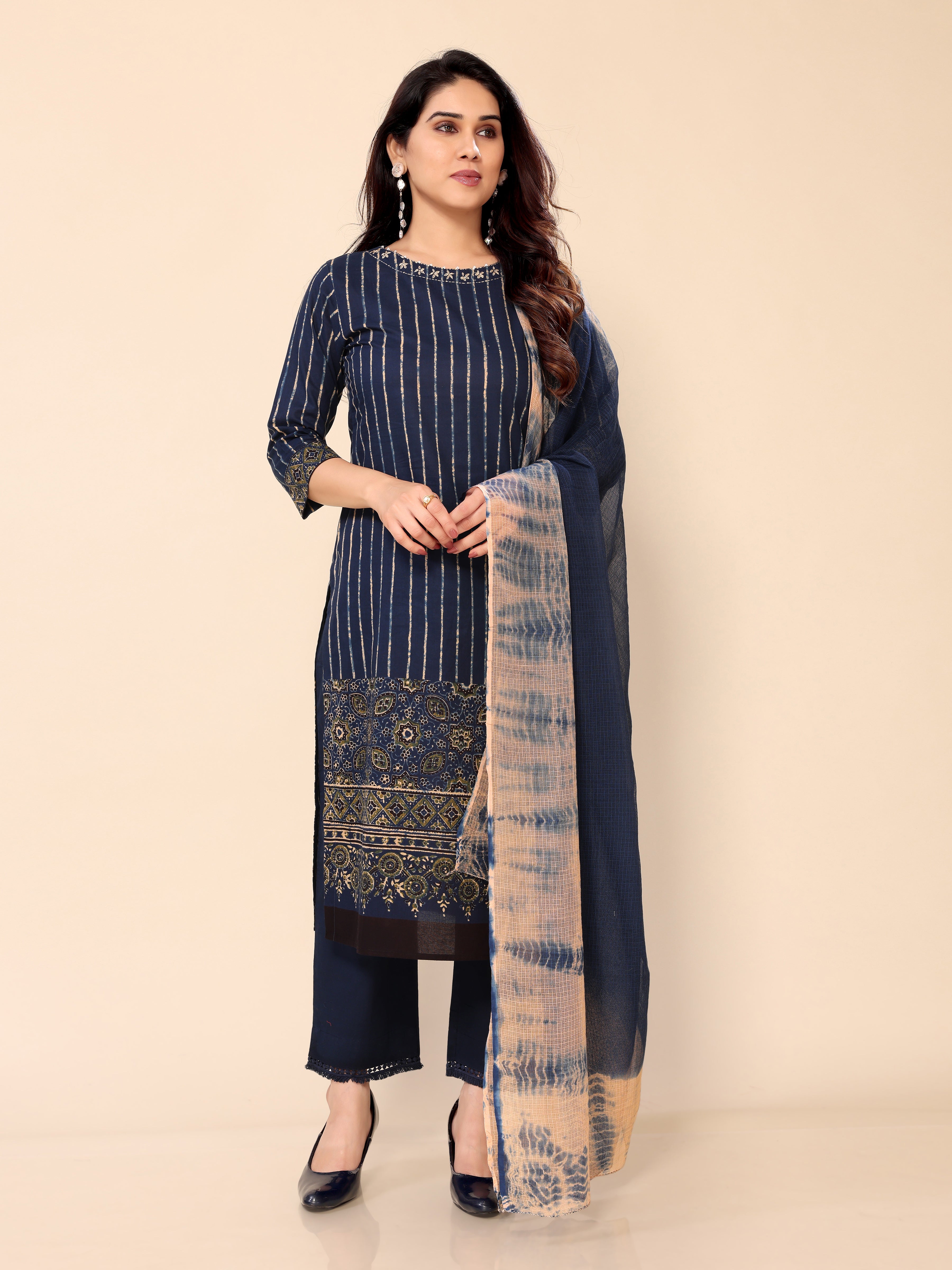 Blue Ethnic Print Straight Kurti with Pants and Dupatta Set