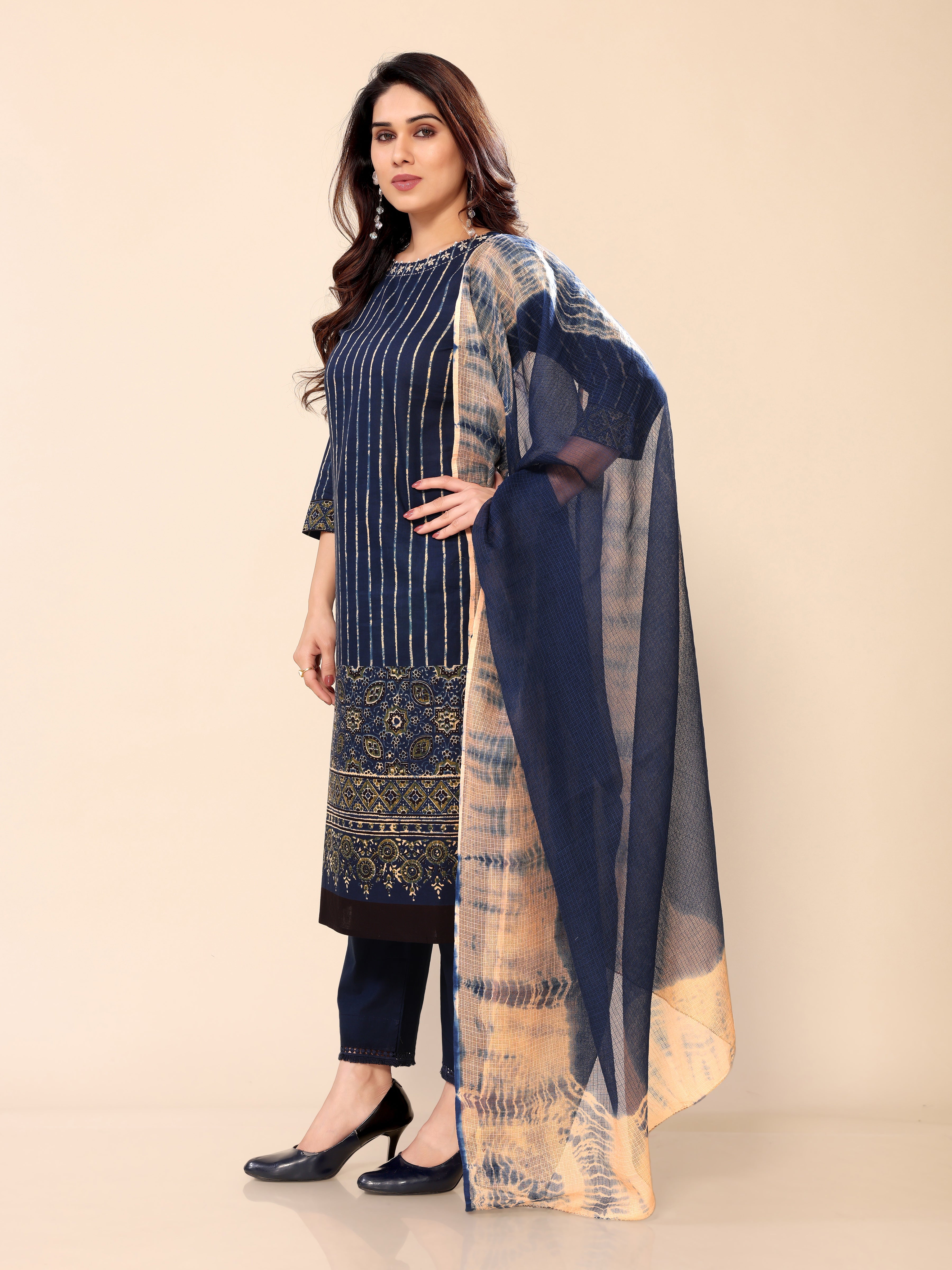 Blue Ethnic Print Straight Kurti with Pants and Dupatta Set