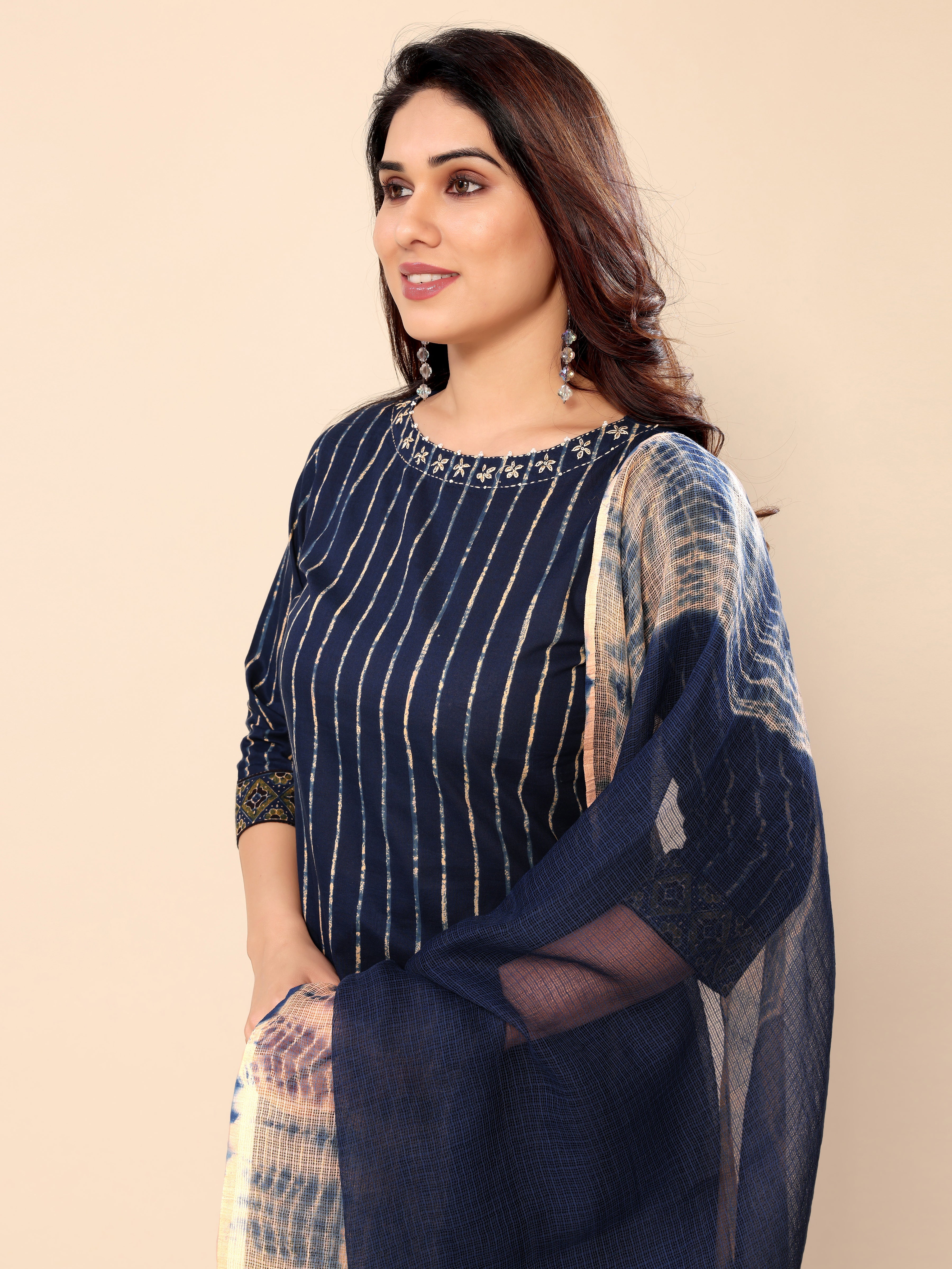 Blue Ethnic Print Straight Kurti with Pants and Dupatta Set