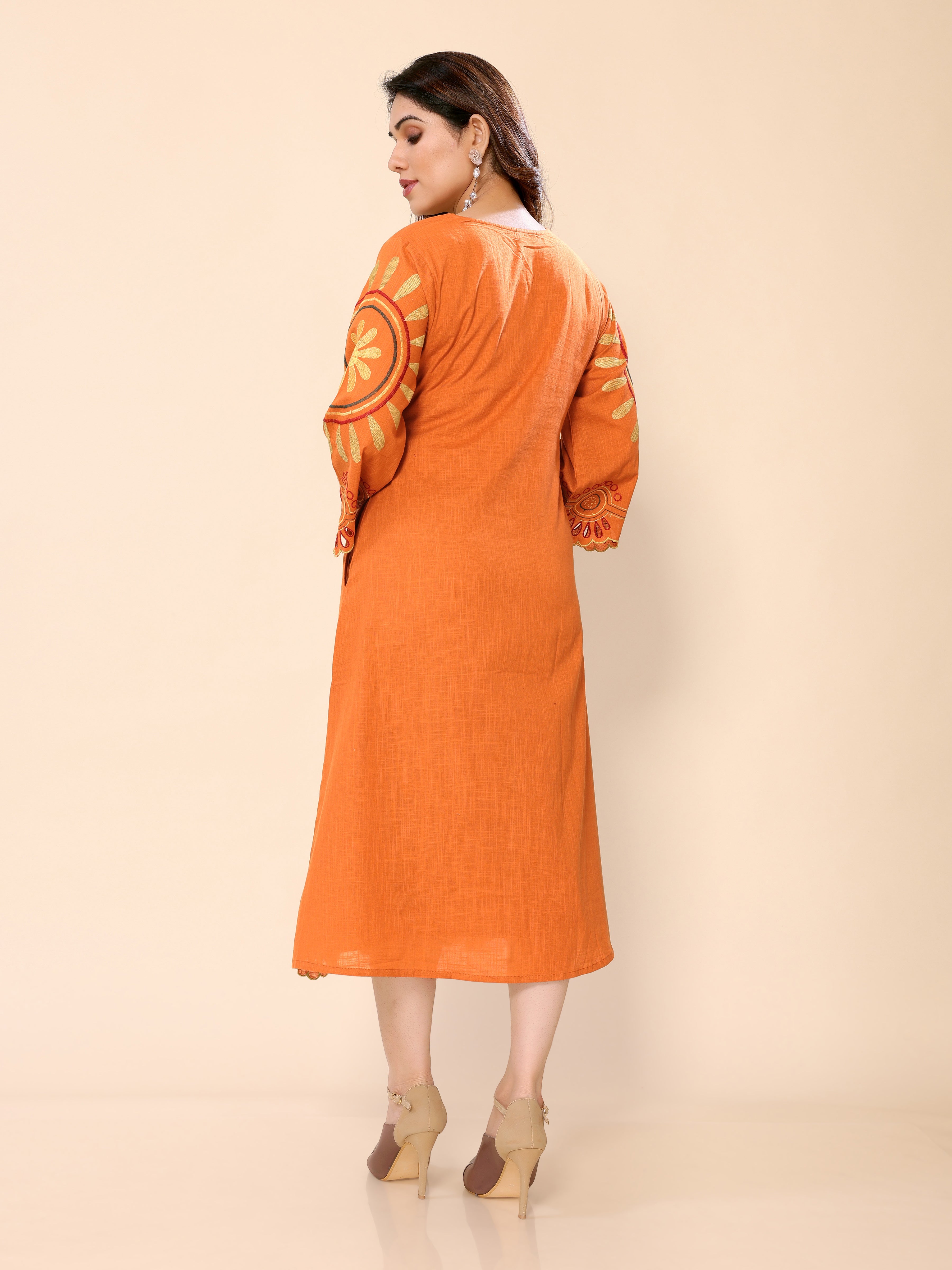 Orange Abstract Floral Embroidery Cotton Gown One Piece Dress