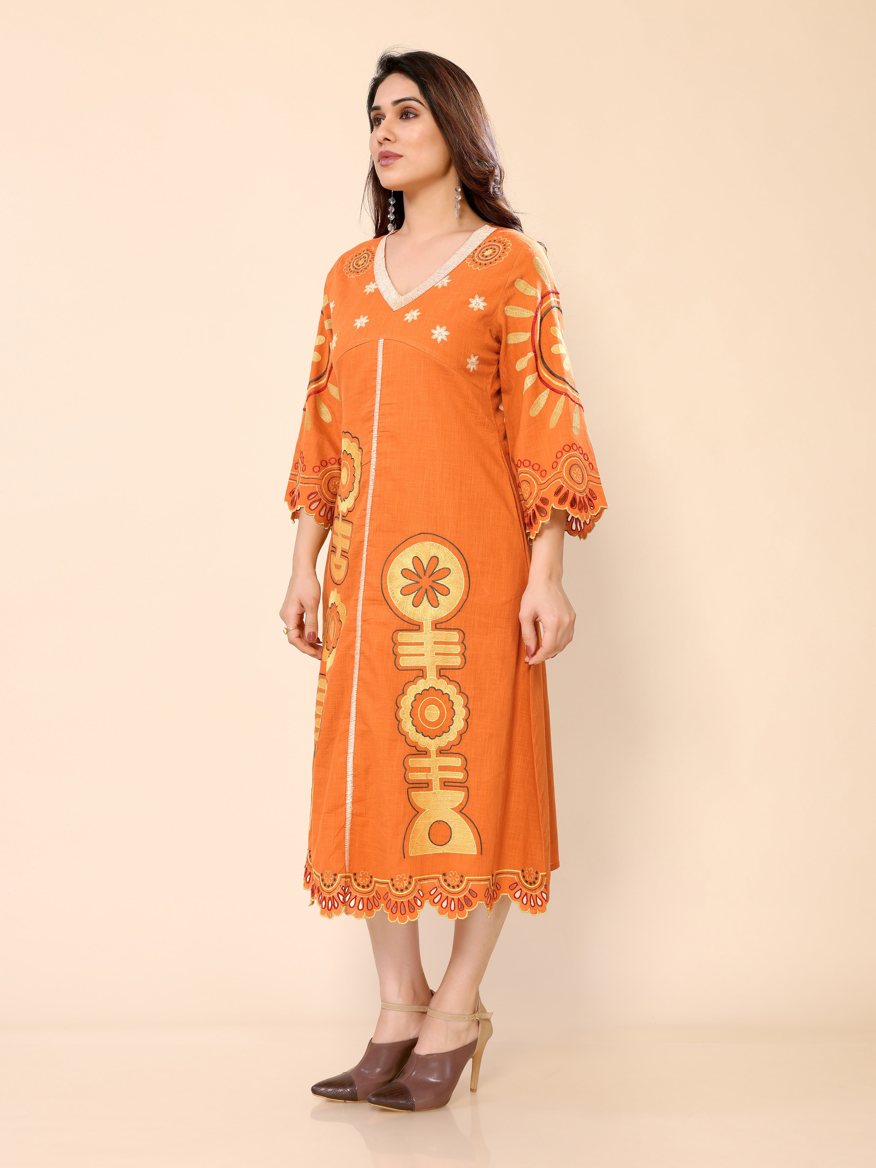 Orange Abstract Floral Embroidery Cotton Gown One Piece Dress