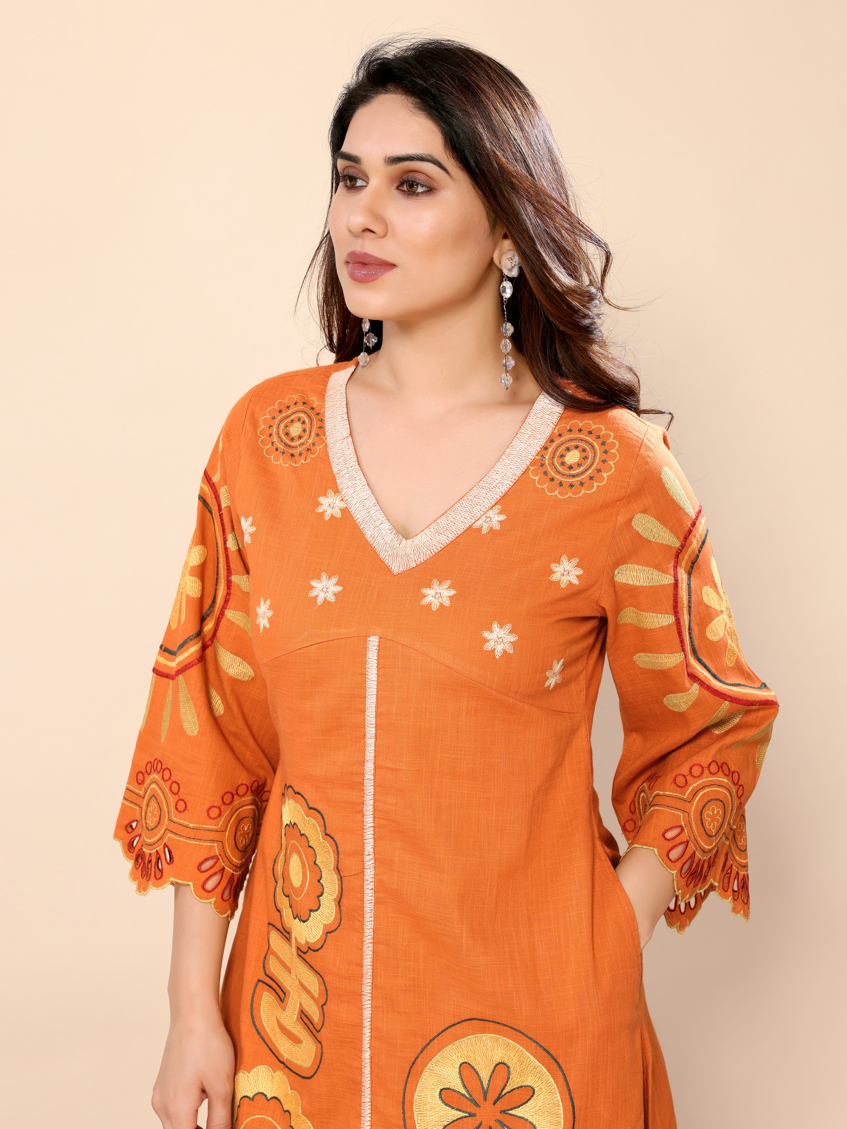 Orange Abstract Floral Embroidery Cotton Gown One Piece Dress