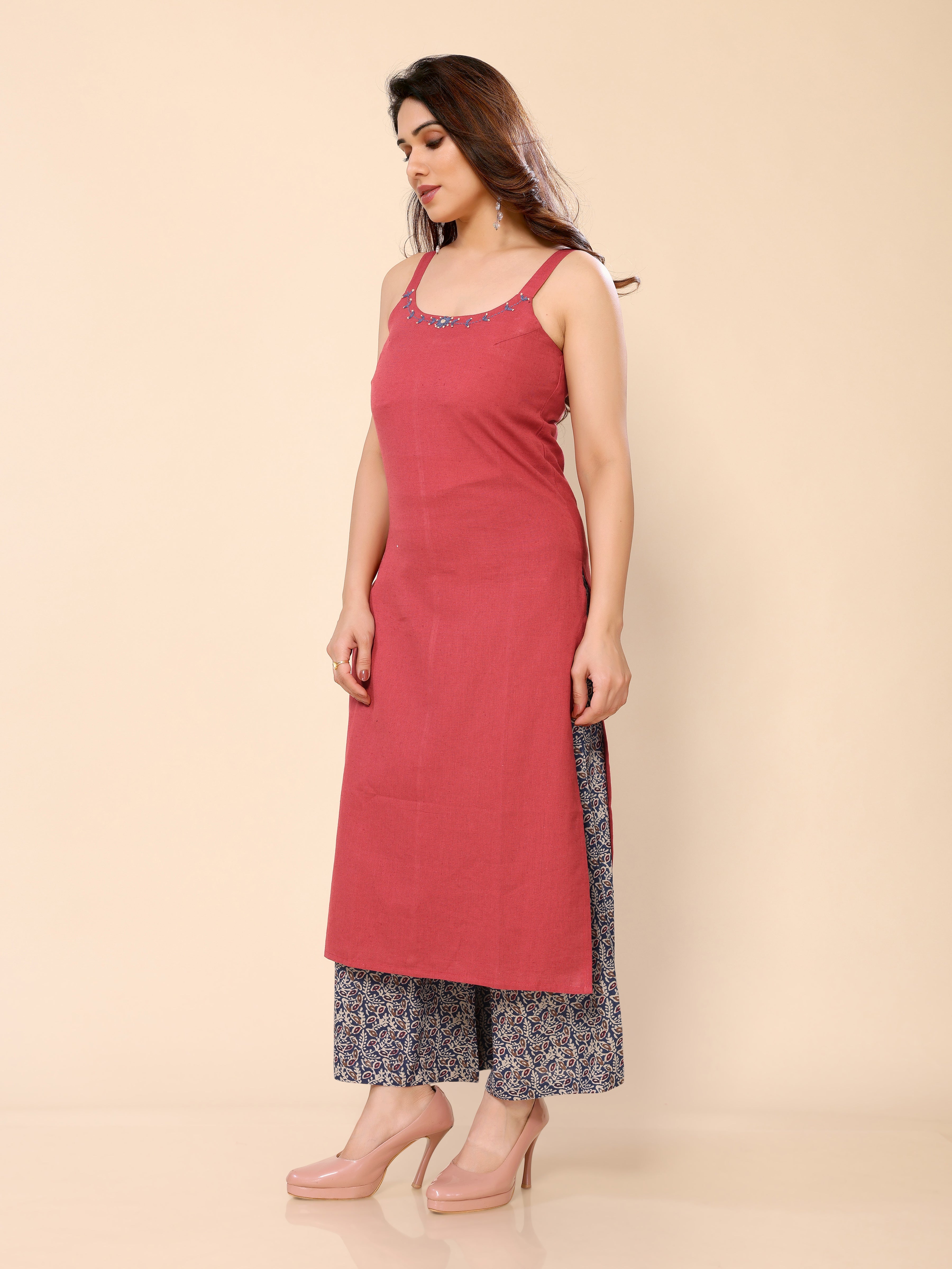 Red Sleveeless Modern Kurti Palazzo Set in Cotton