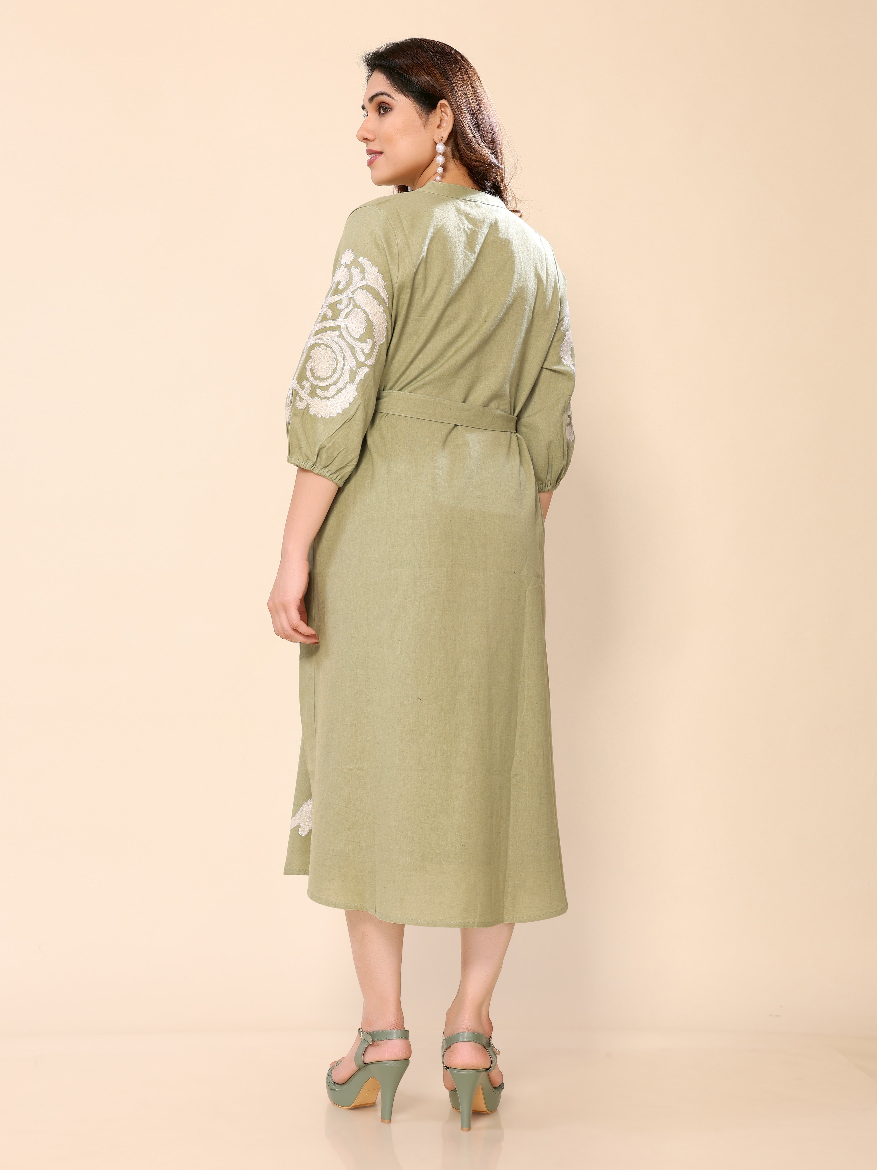 Green Floral Embroidery cotton Gown One Piece Dress