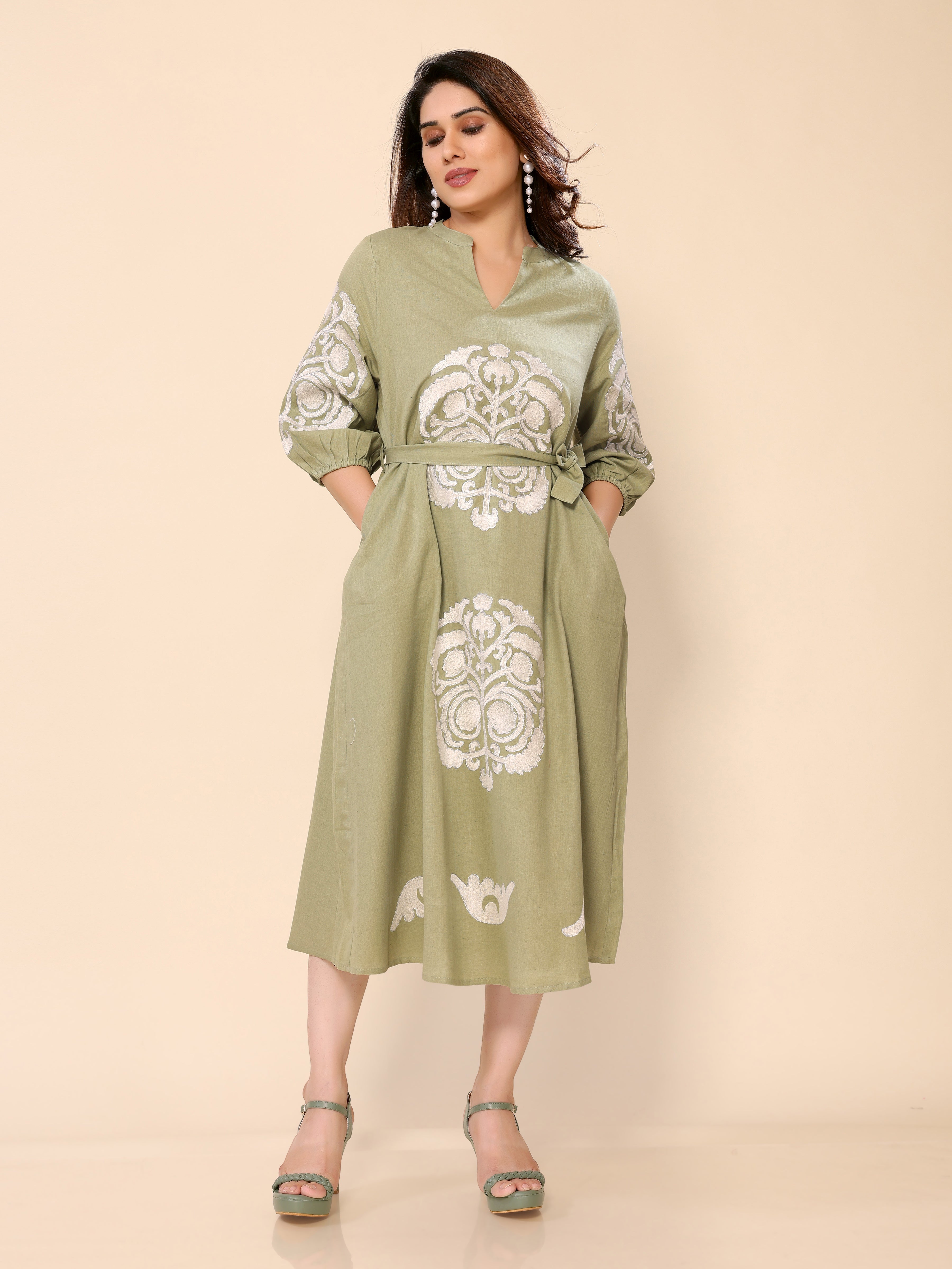 Green Floral Embroidery cotton Gown One Piece Dress