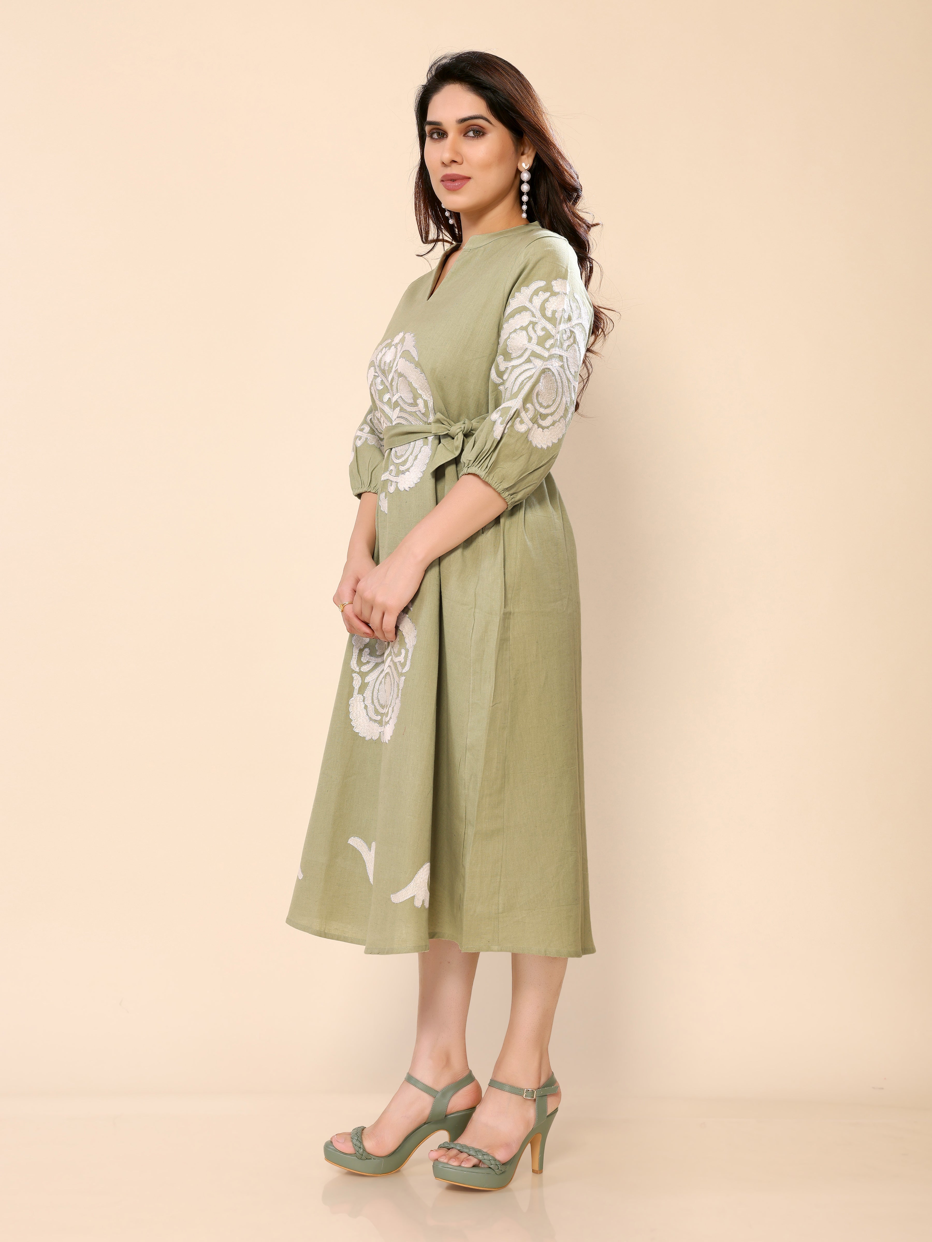 Green Floral Embroidery cotton Gown One Piece Dress