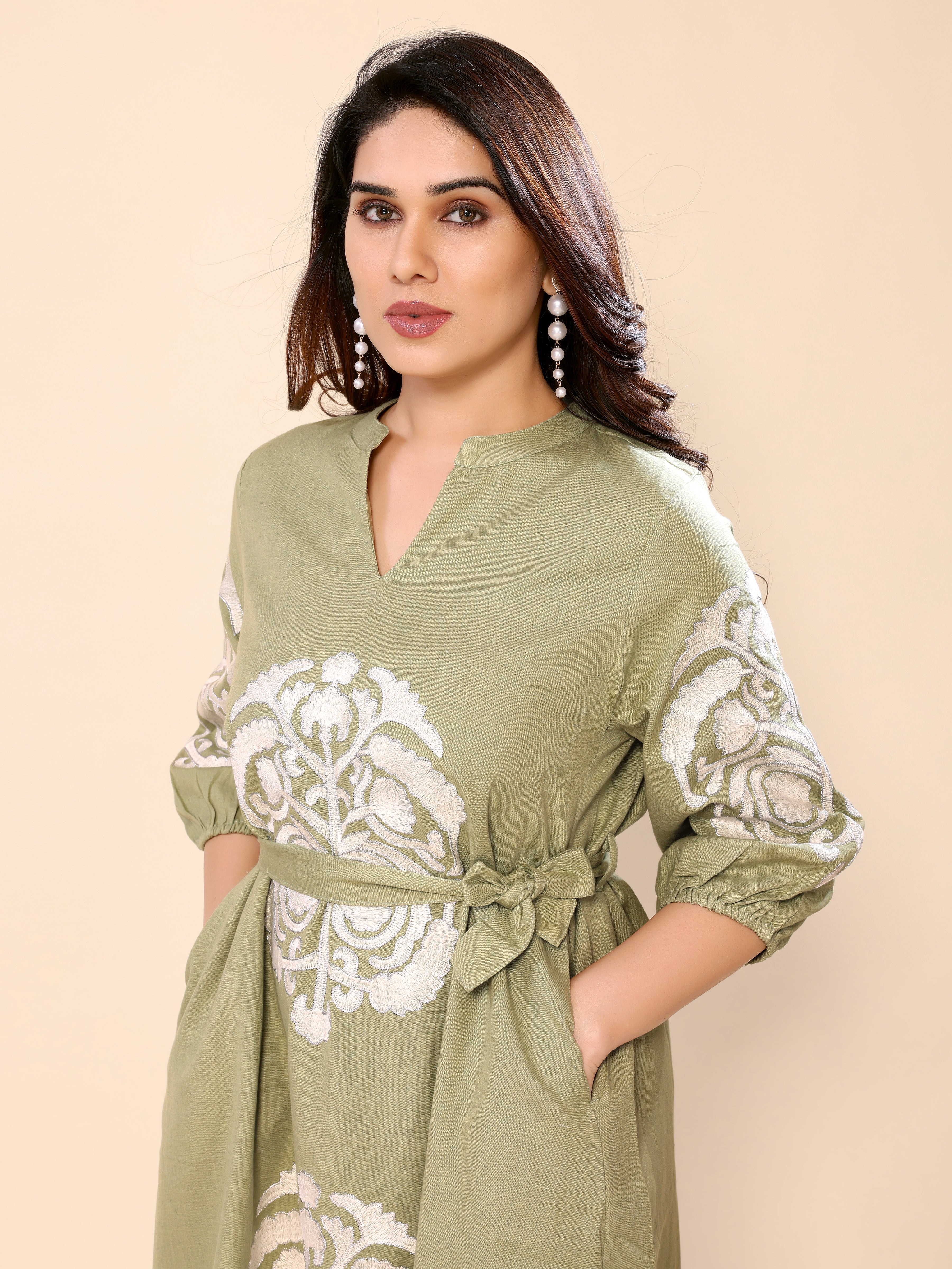 Green Floral Embroidery cotton Gown One Piece Dress