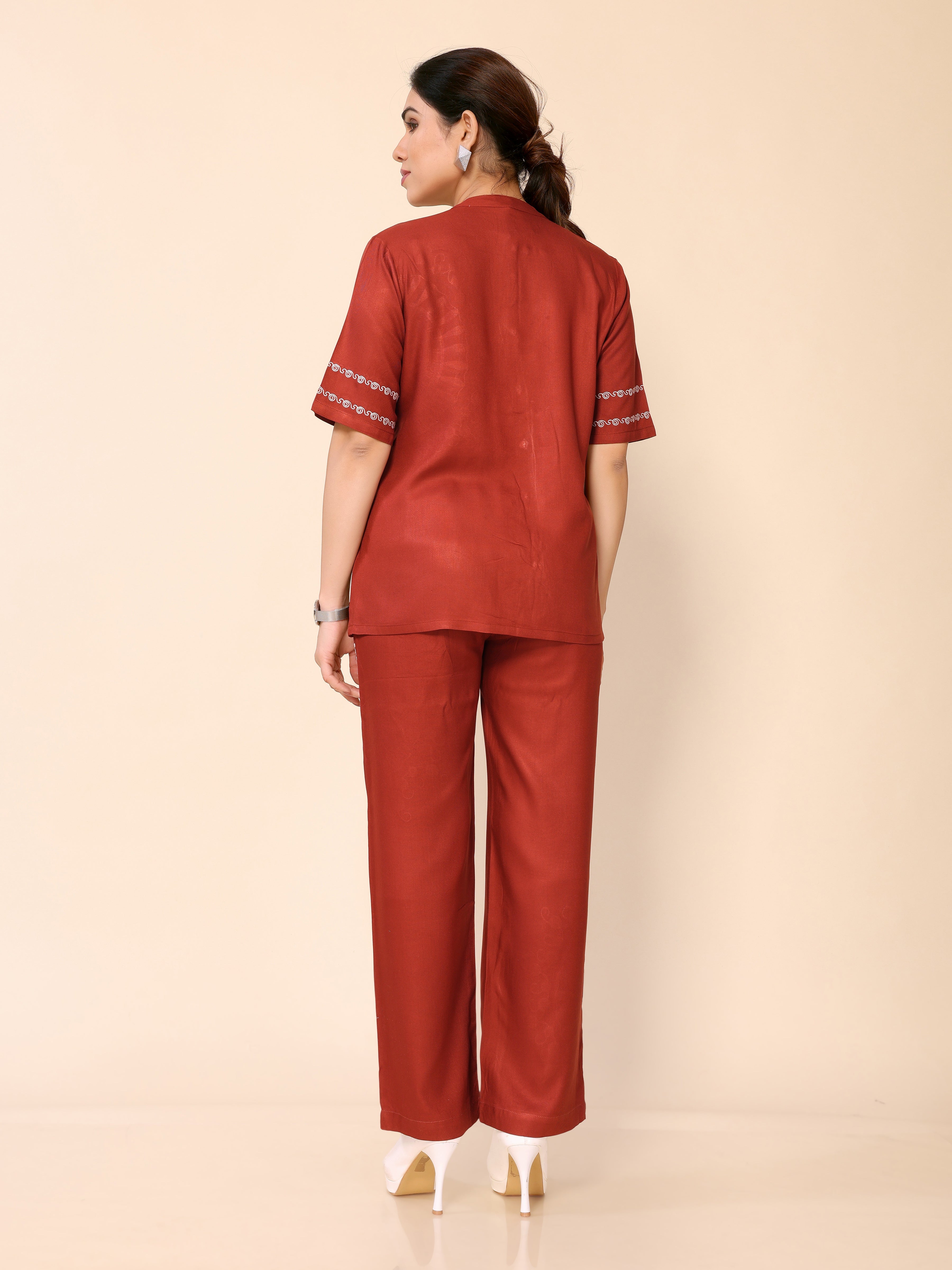 Orangey Red Embroidery Cotton Co-ords Set