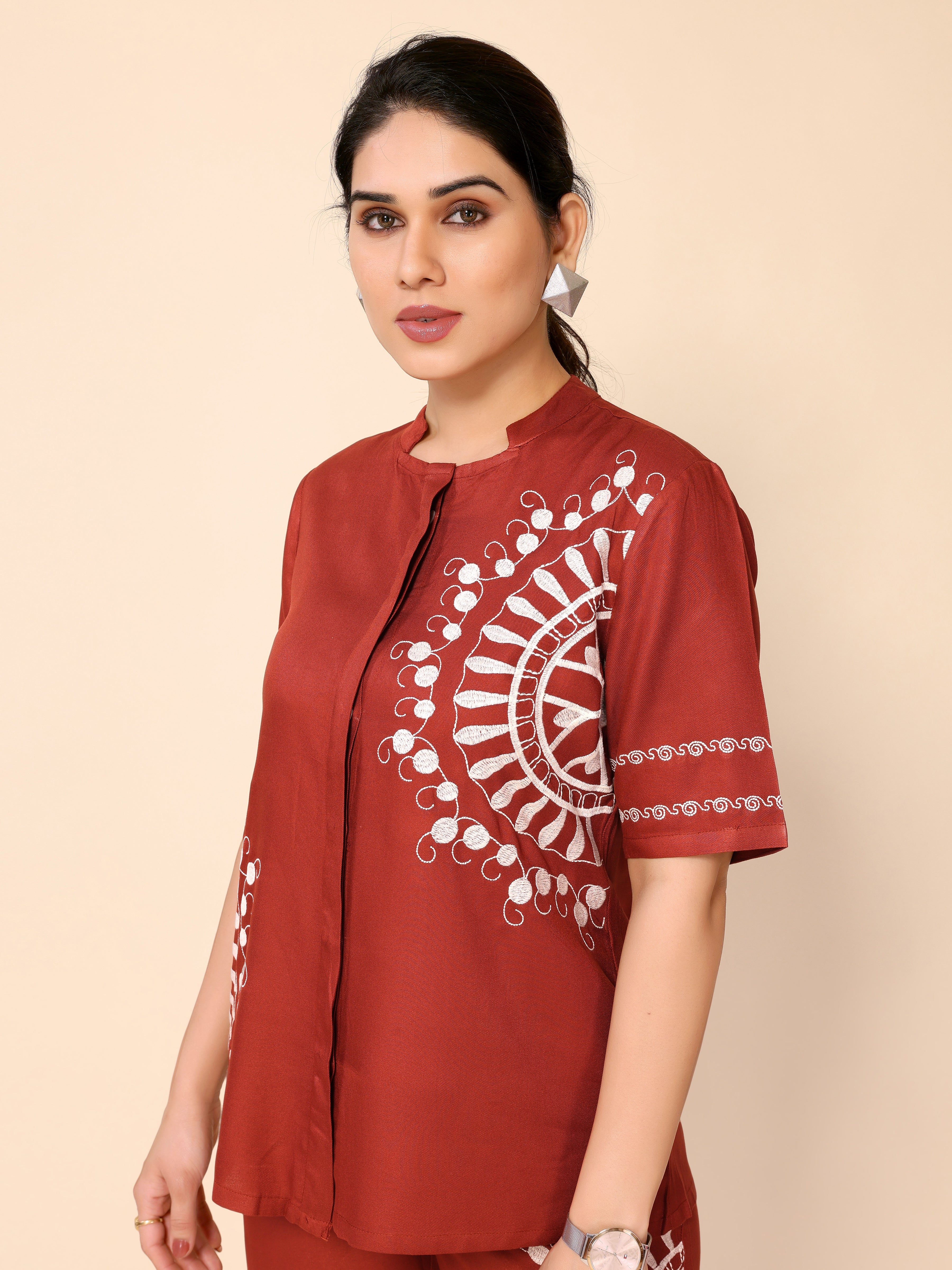 Orangey Red Embroidery Cotton Co-ords Set