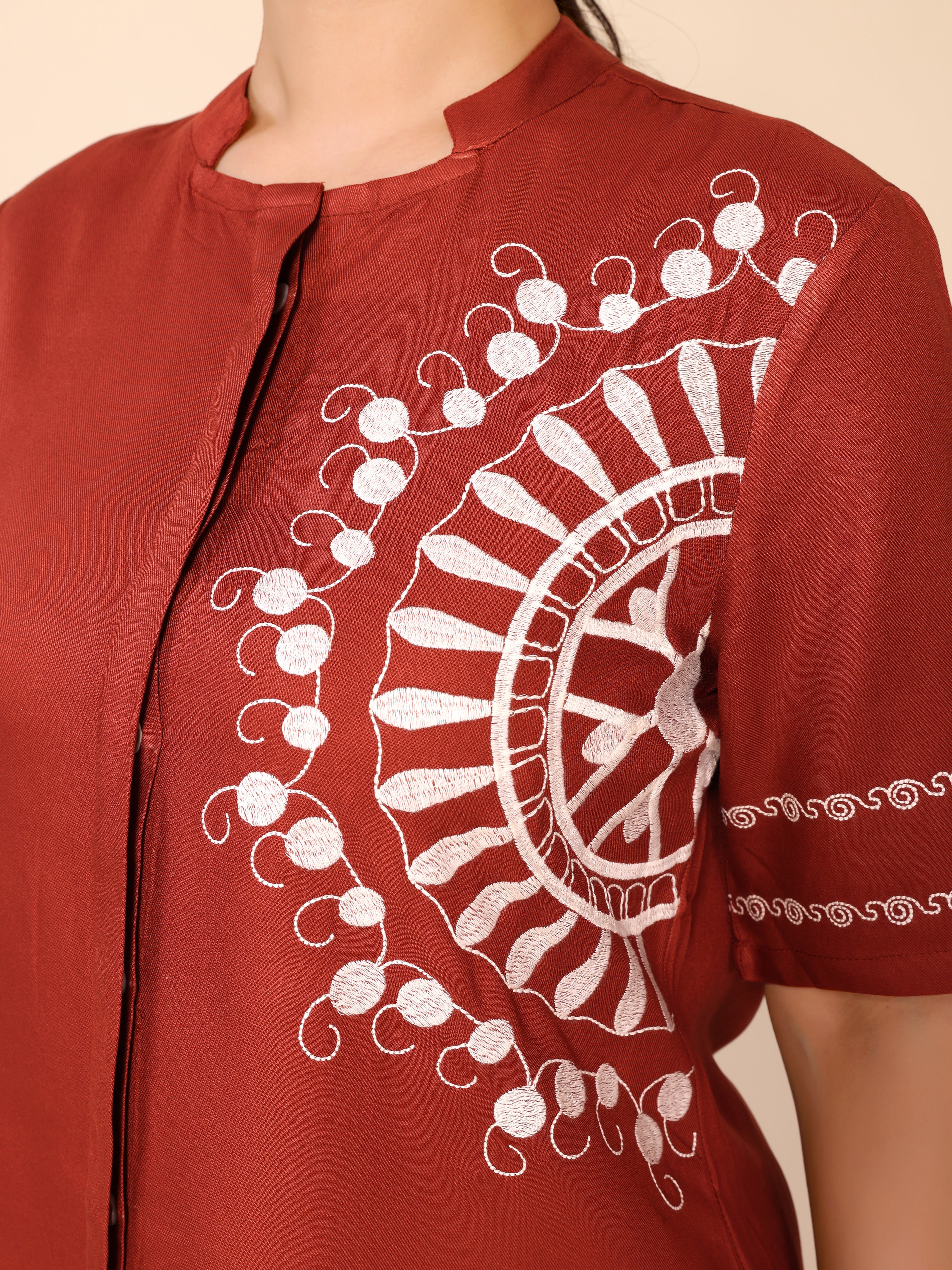 Orangey Red Embroidery Cotton Co-ords Set