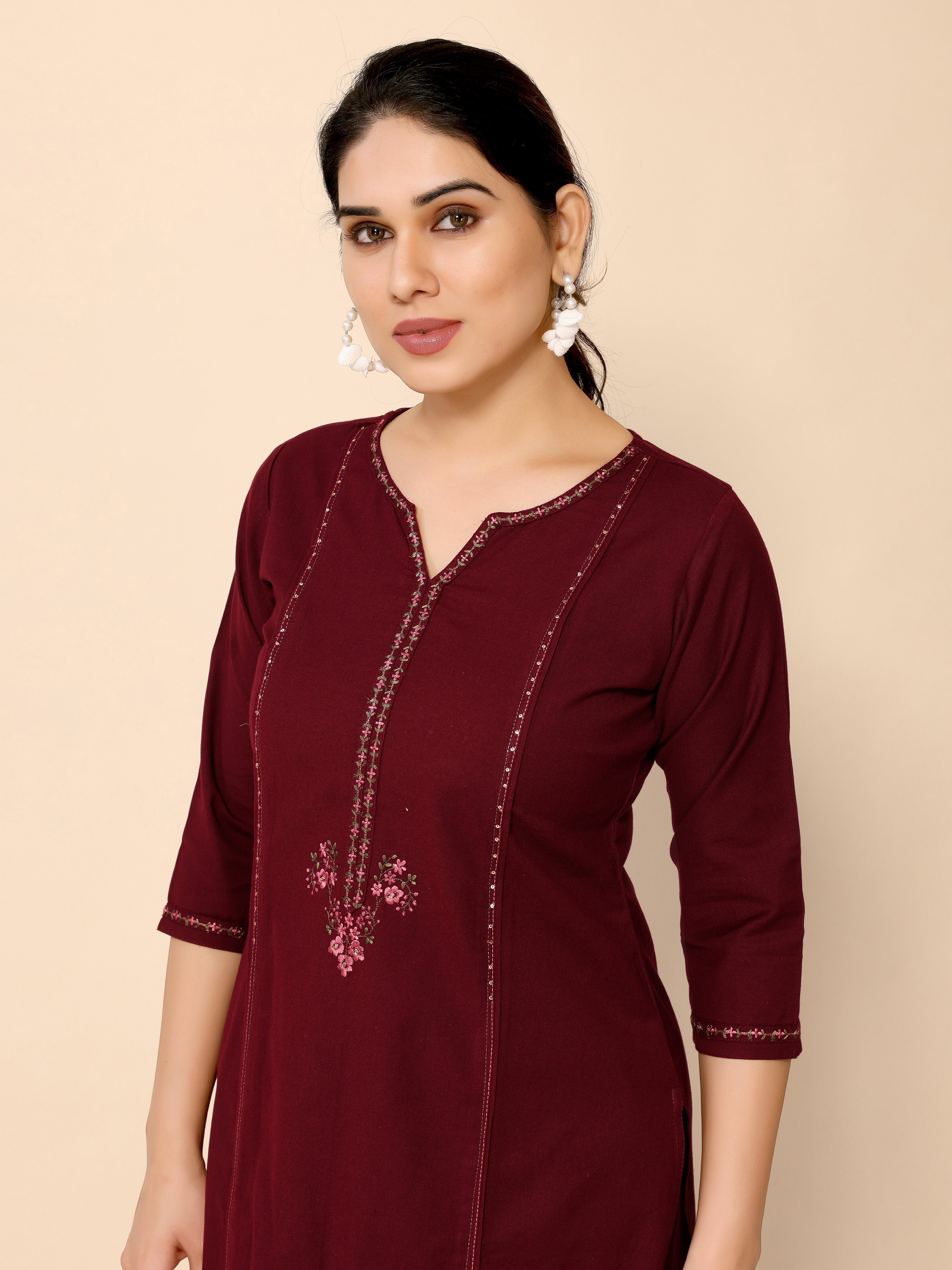 Maroon Floral Embroidery Cotton Kurta with Trouser Pant