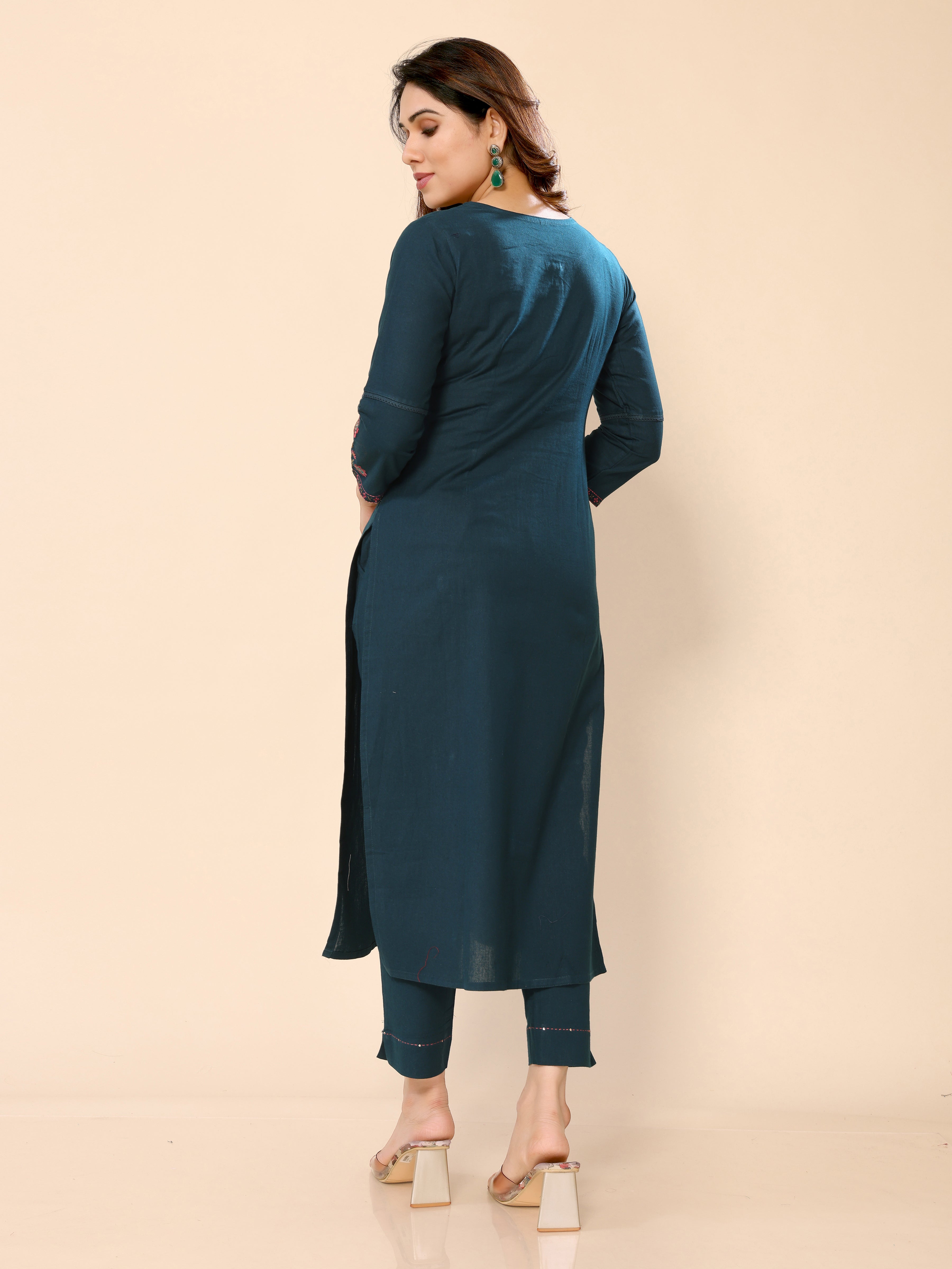 Teal Blue Floral Embroidery Cotton Kurta with Trouser Pant