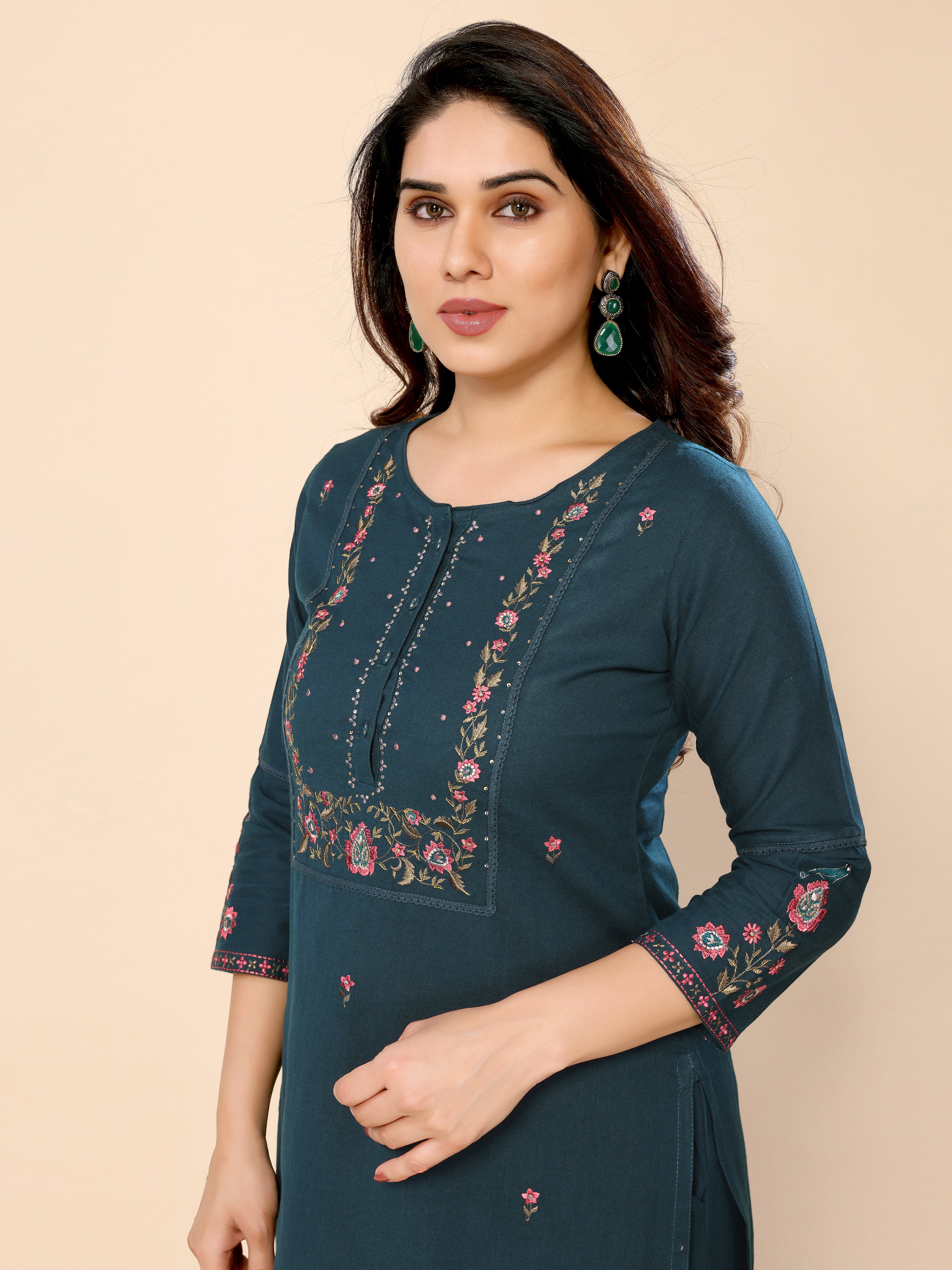 Teal Blue Floral Embroidery Cotton Kurta with Trouser Pant