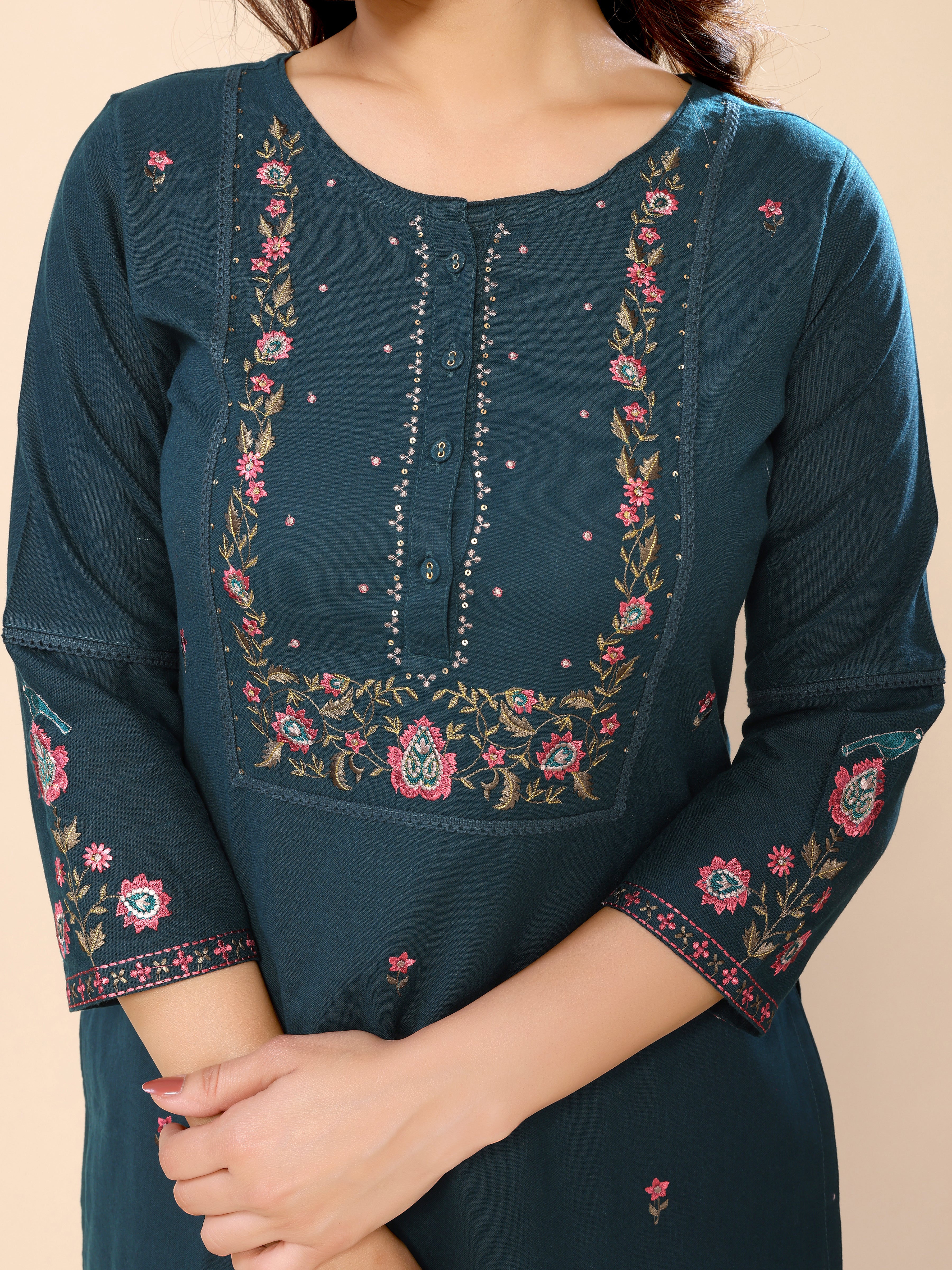 Teal Blue Floral Embroidery Cotton Kurta with Trouser Pant