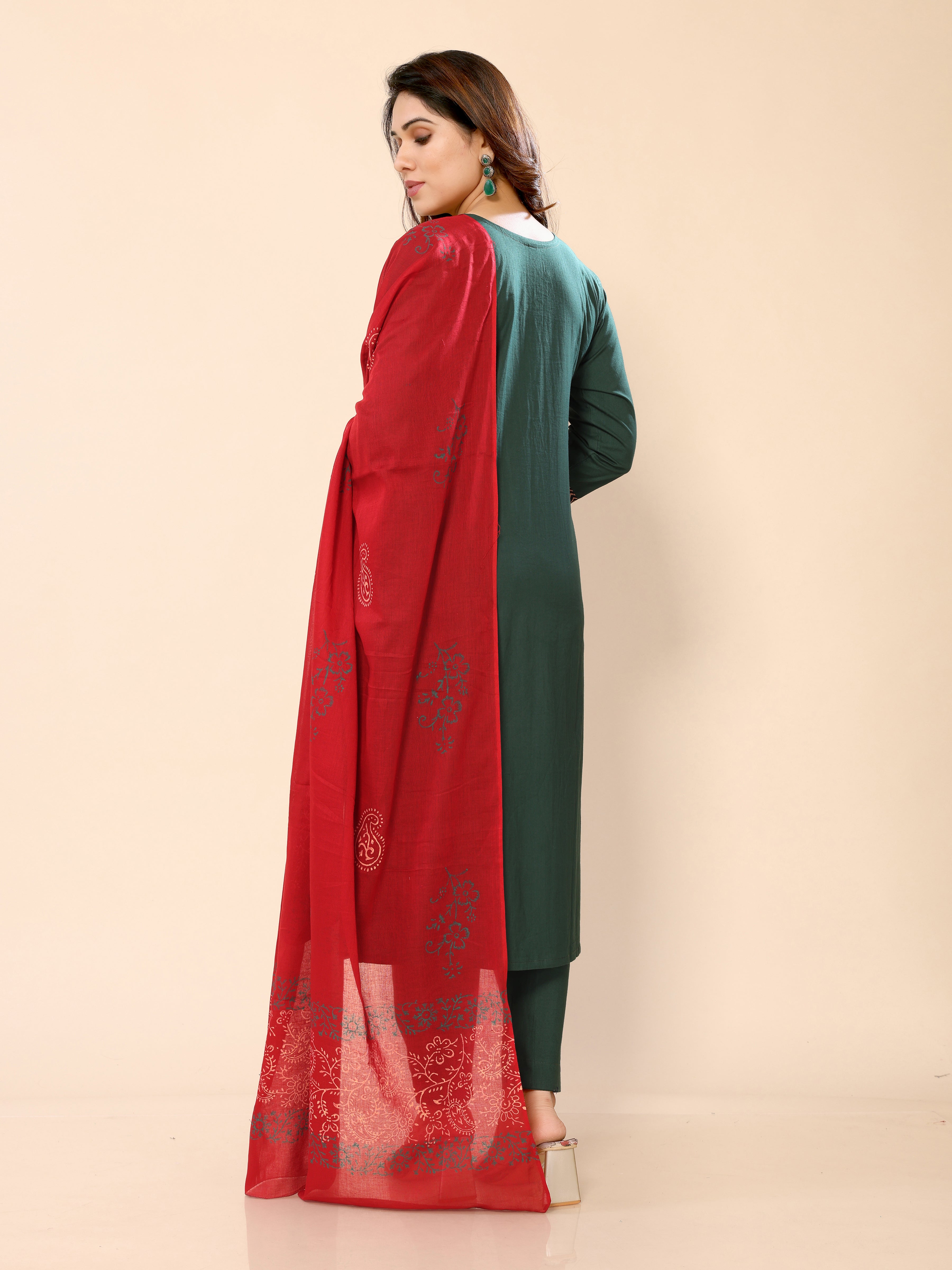 Dark Green Embroidery Sequined Straight Kurta Pant & Dupatta Set