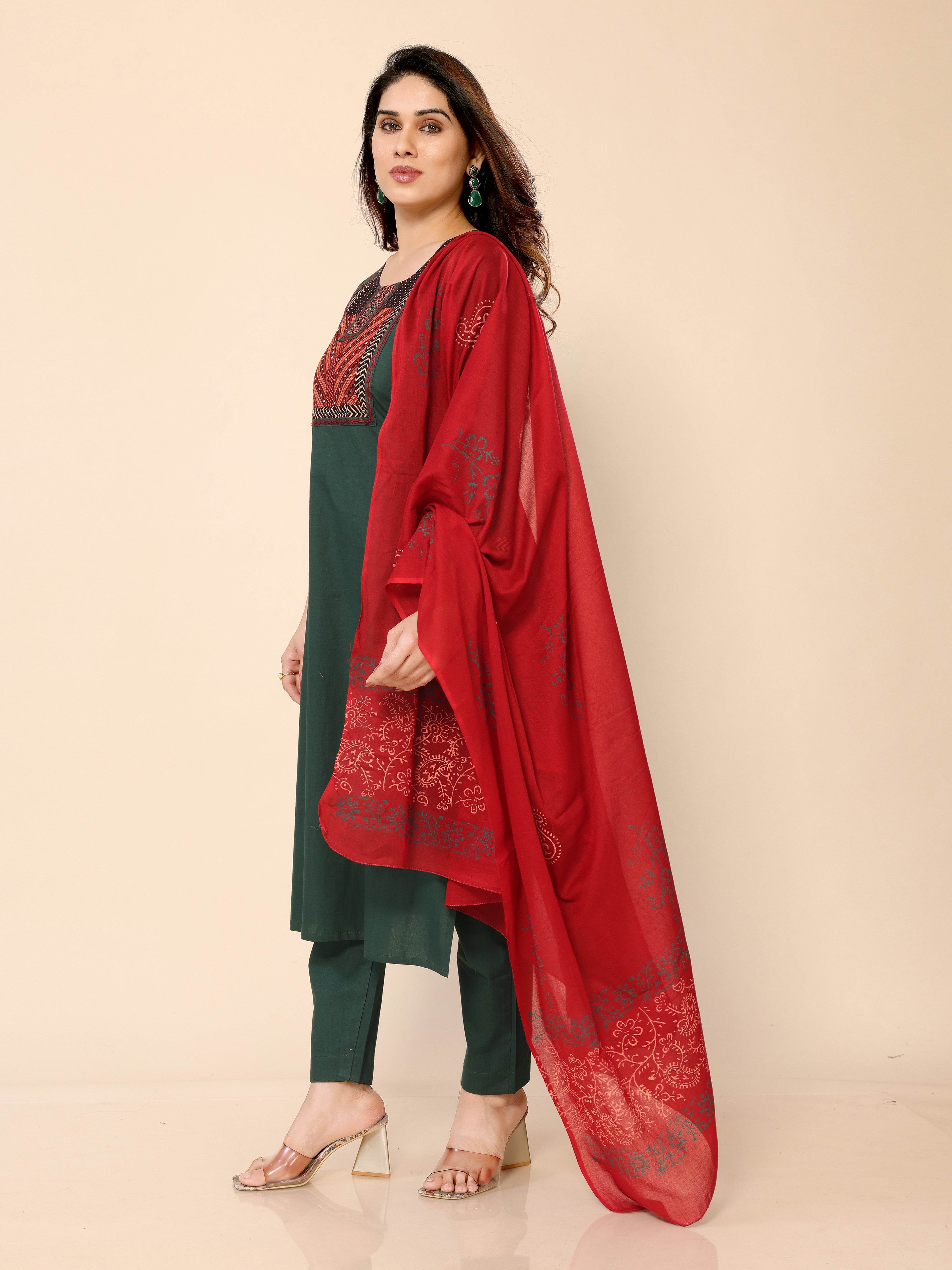 Dark Green Embroidery Sequined Straight Kurta Pant & Dupatta Set