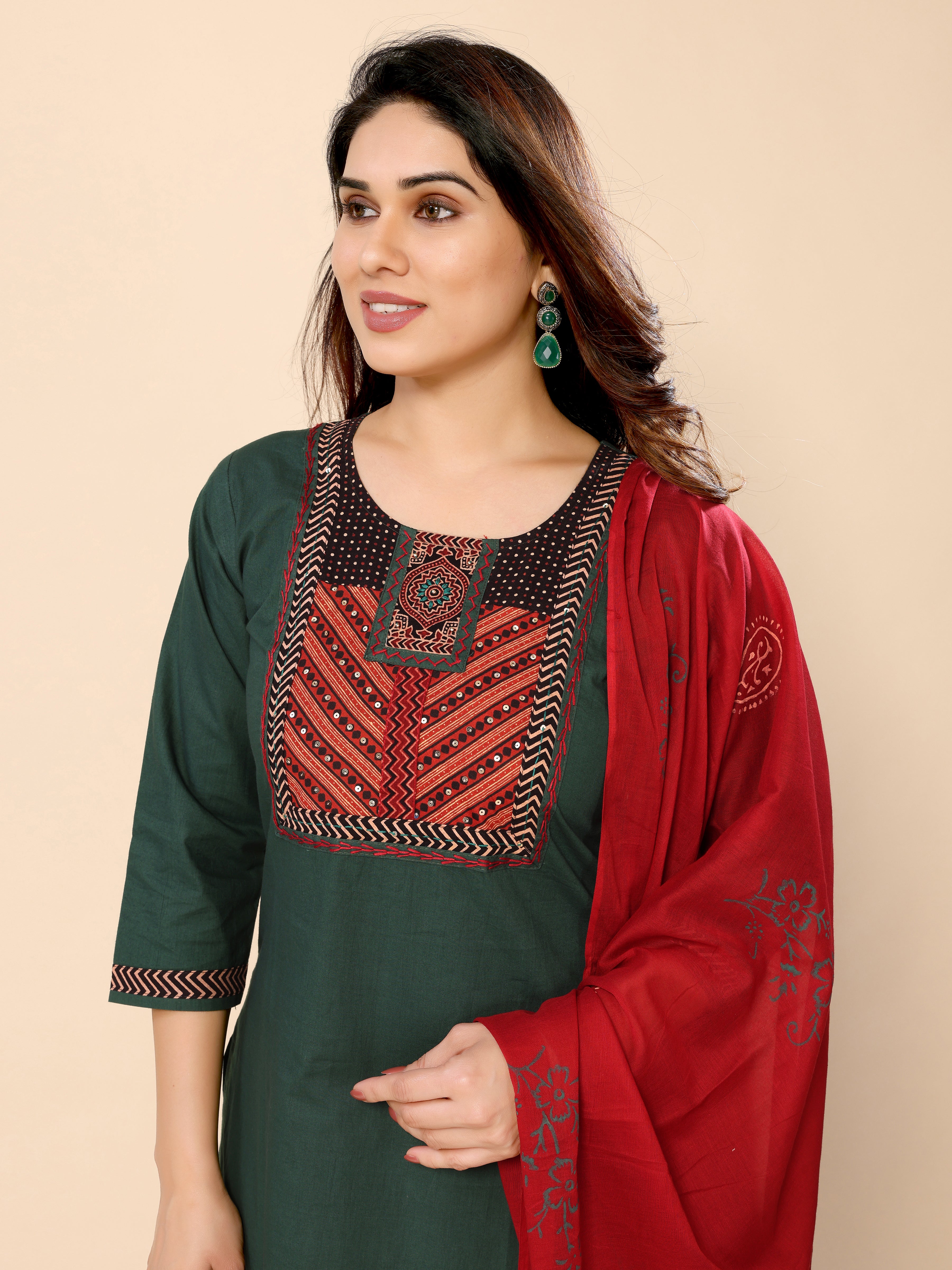 Dark Green Embroidery Sequined Straight Kurta Pant & Dupatta Set