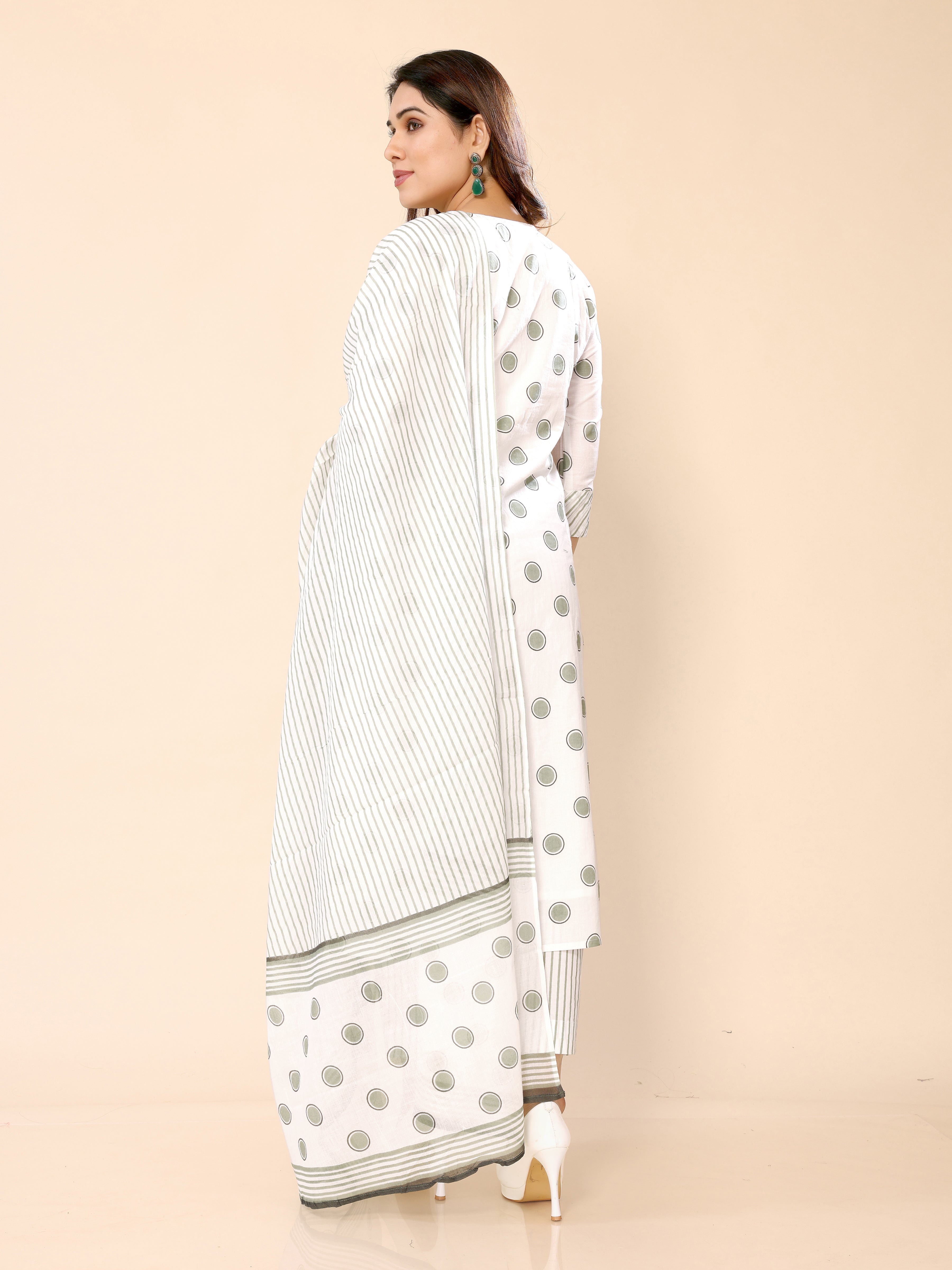 White Polka Stripes Printed Kurta Pant & Dupatta Set