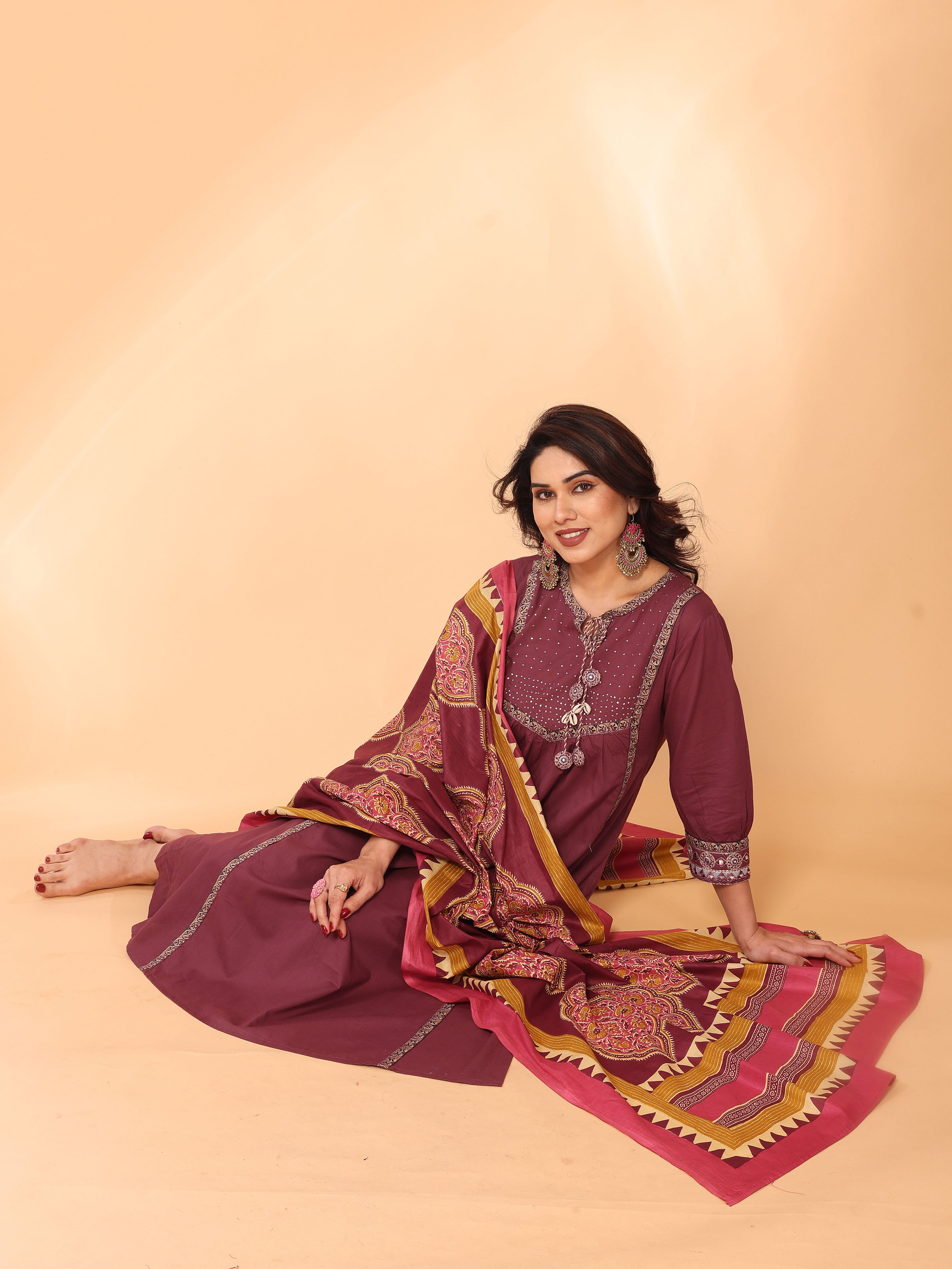 Maroon Straight Kurta Pant & Dupatta Set
