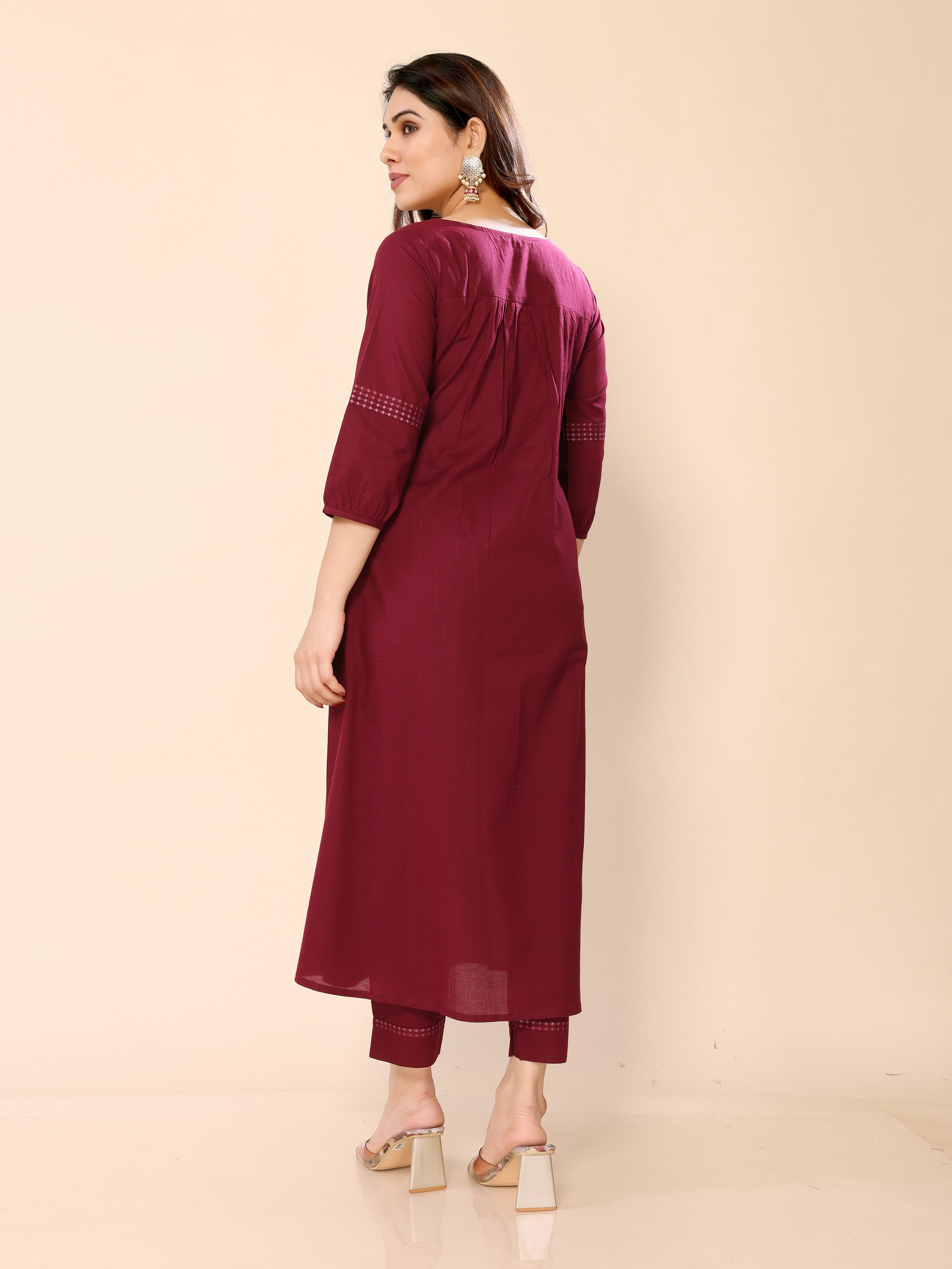 Maroon Yoke Embroidery Sequined Cotton Kurta with Trouser Pant