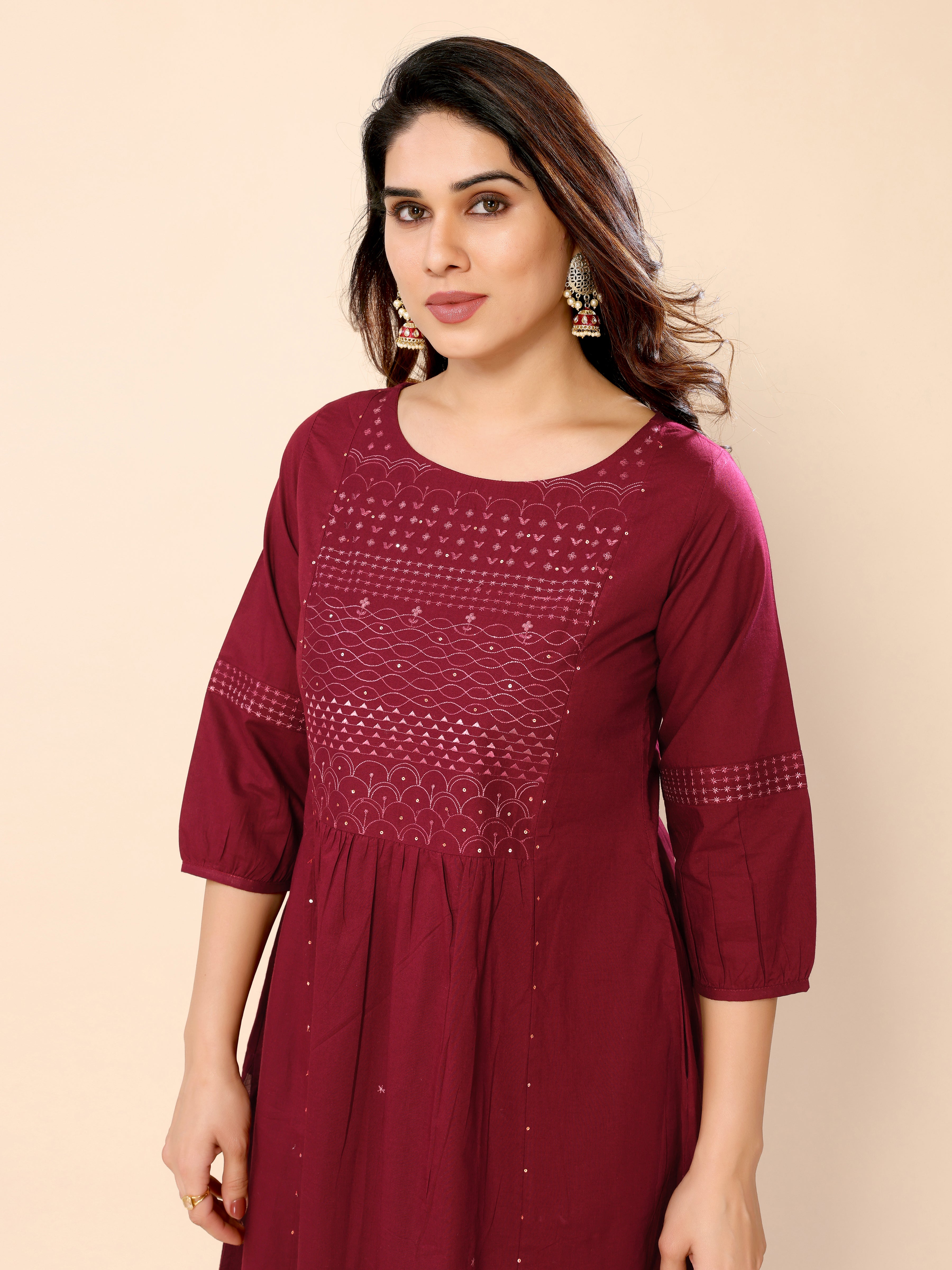 Maroon Yoke Embroidery Sequined Cotton Kurta with Trouser Pant