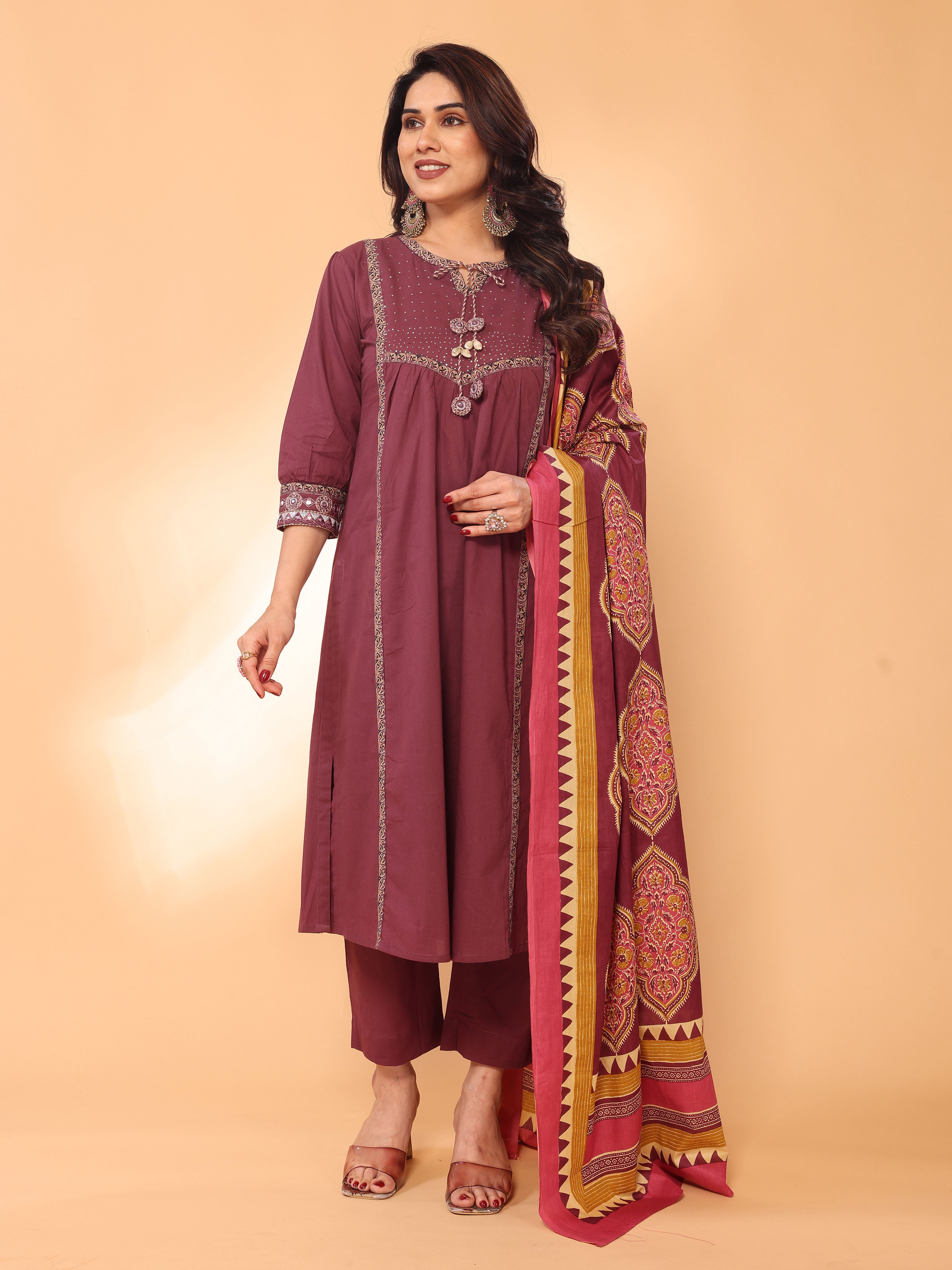 Maroon Straight Kurta Pant & Dupatta Set