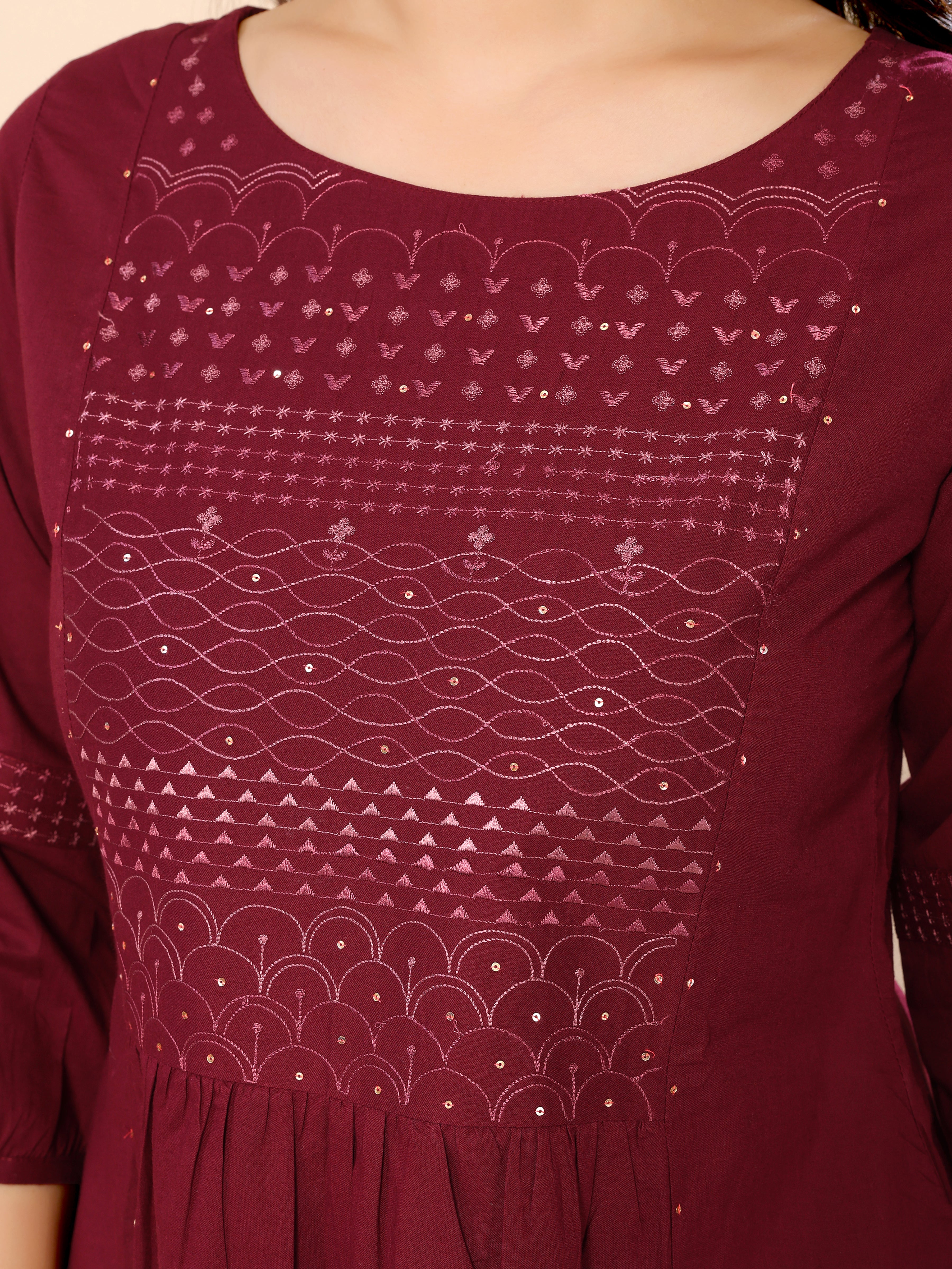Maroon Yoke Embroidery Sequined Cotton Kurta with Trouser Pant