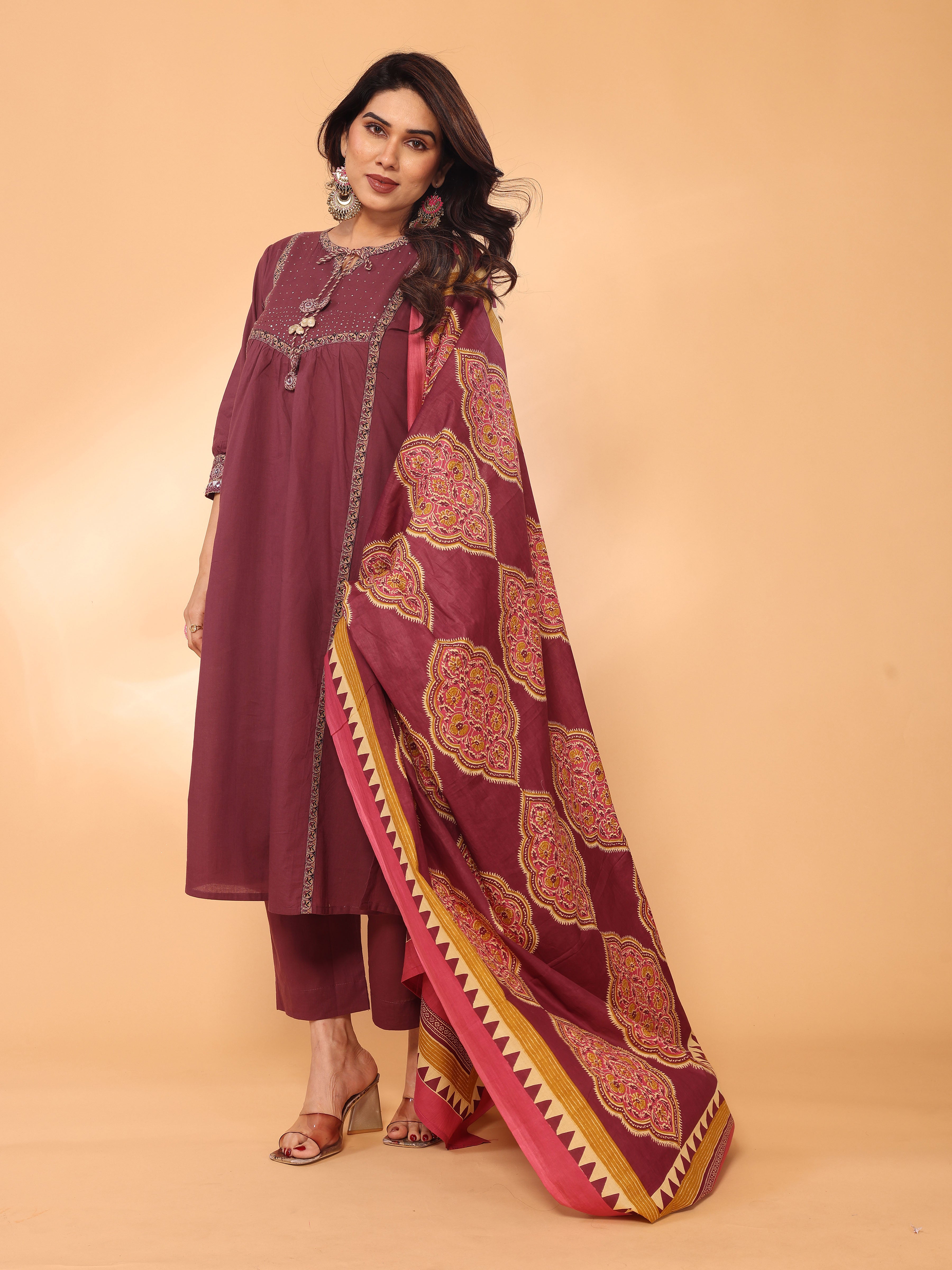 Maroon Straight Kurta Pant & Dupatta Set