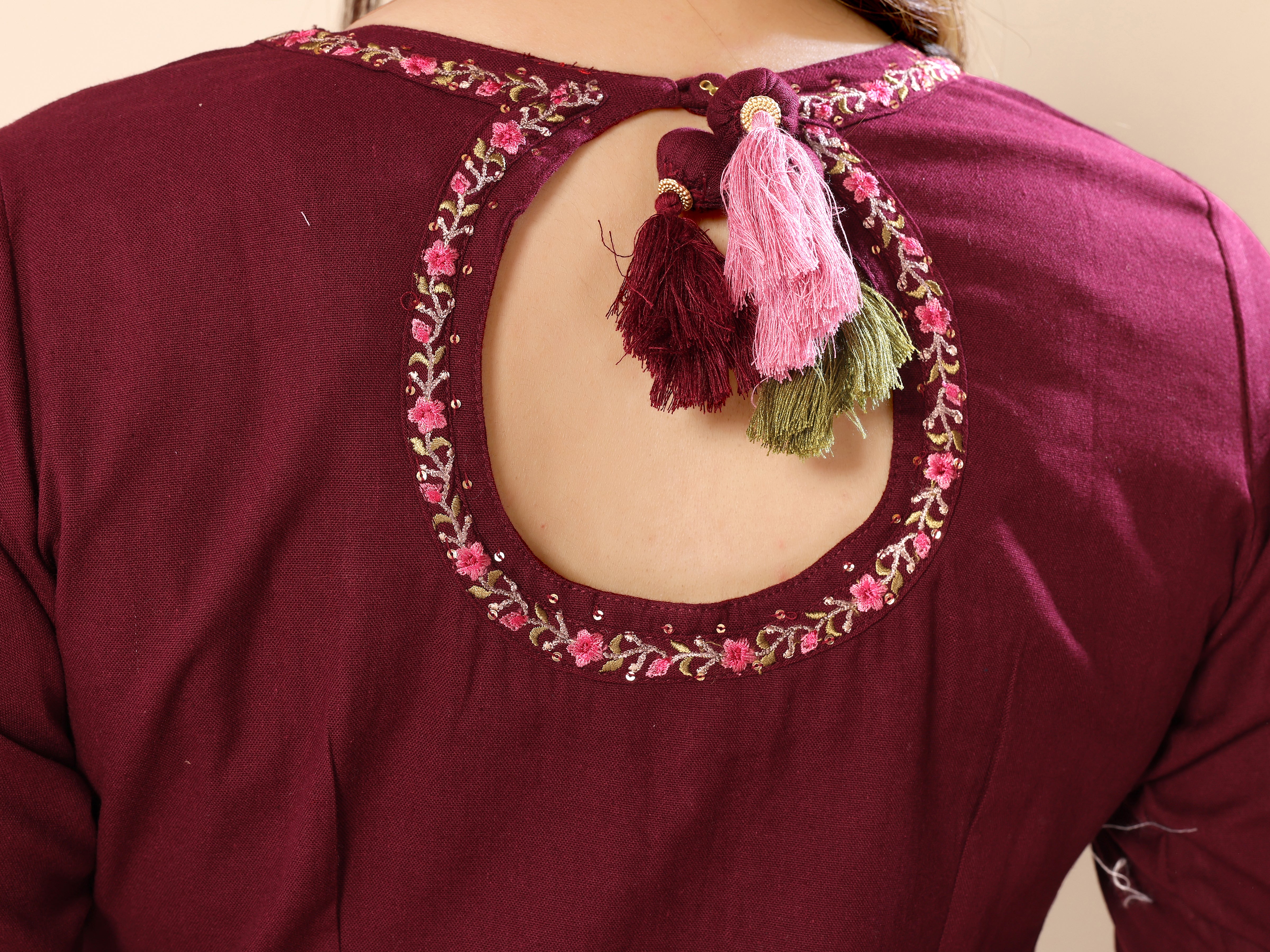 Maroon Floral Embroidery Cotton Kurta with Trouser Pant