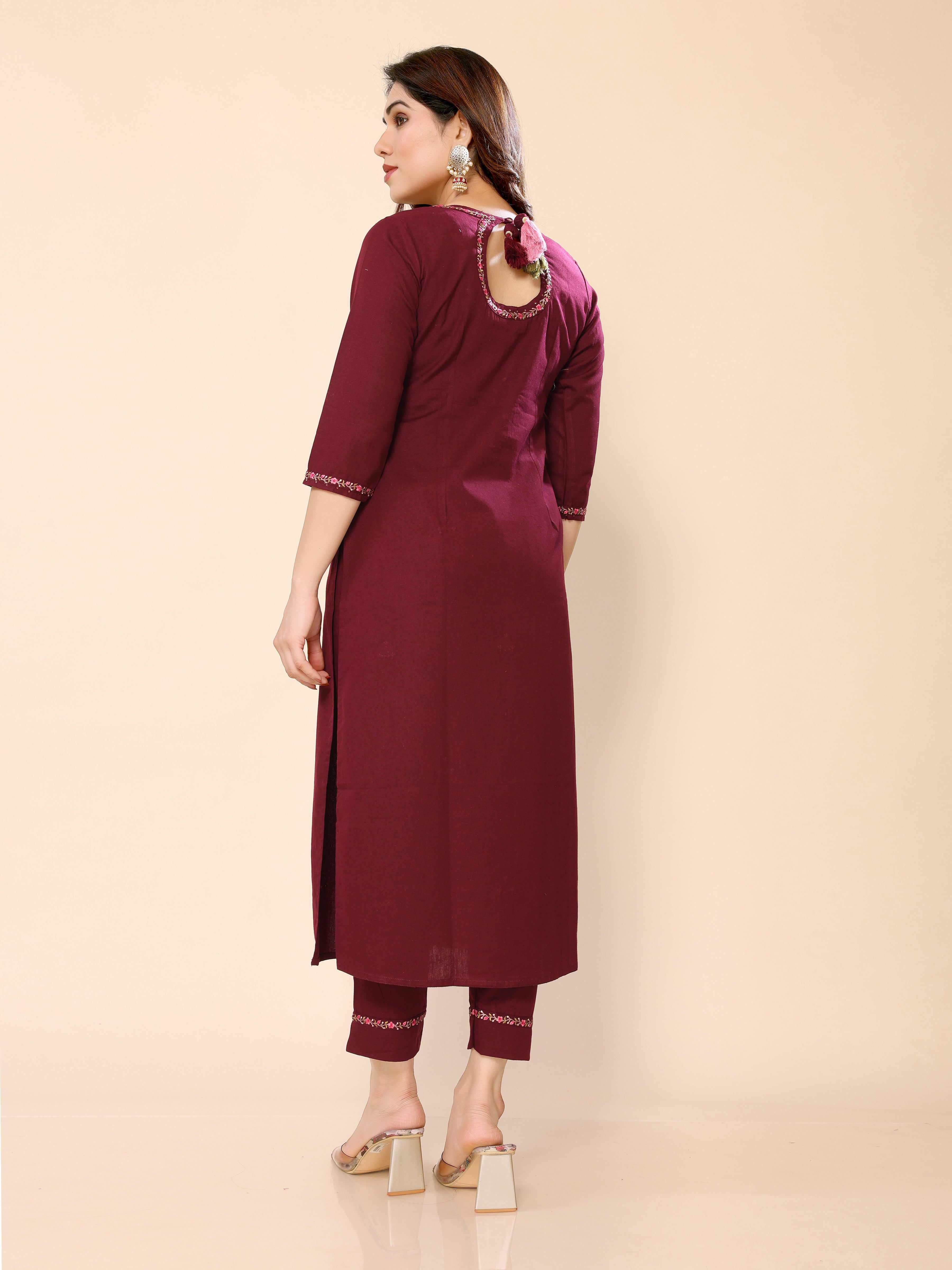 Maroon Floral Embroidery Cotton Kurta with Trouser Pant