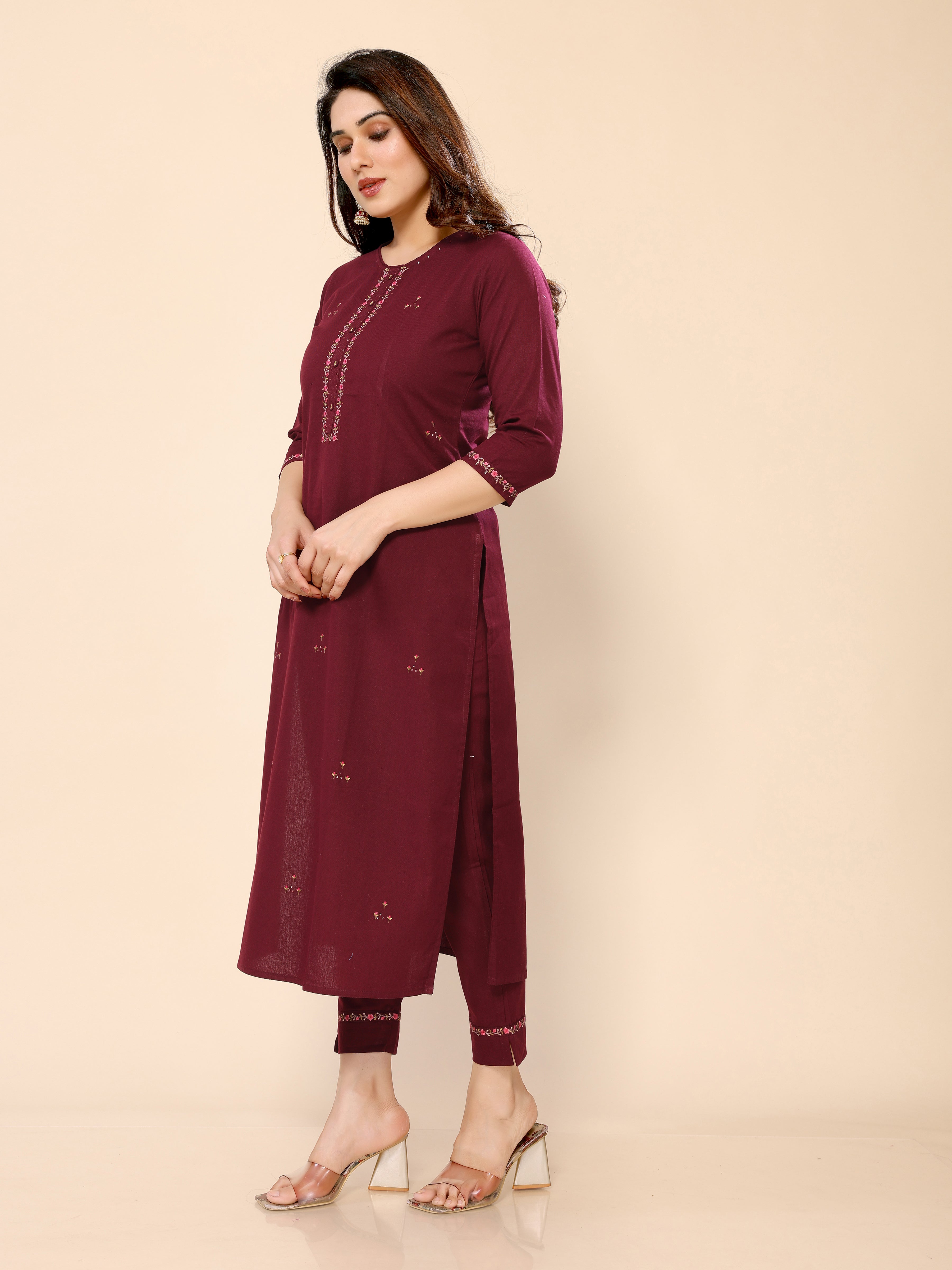 Maroon Floral Embroidery Cotton Kurta with Trouser Pant