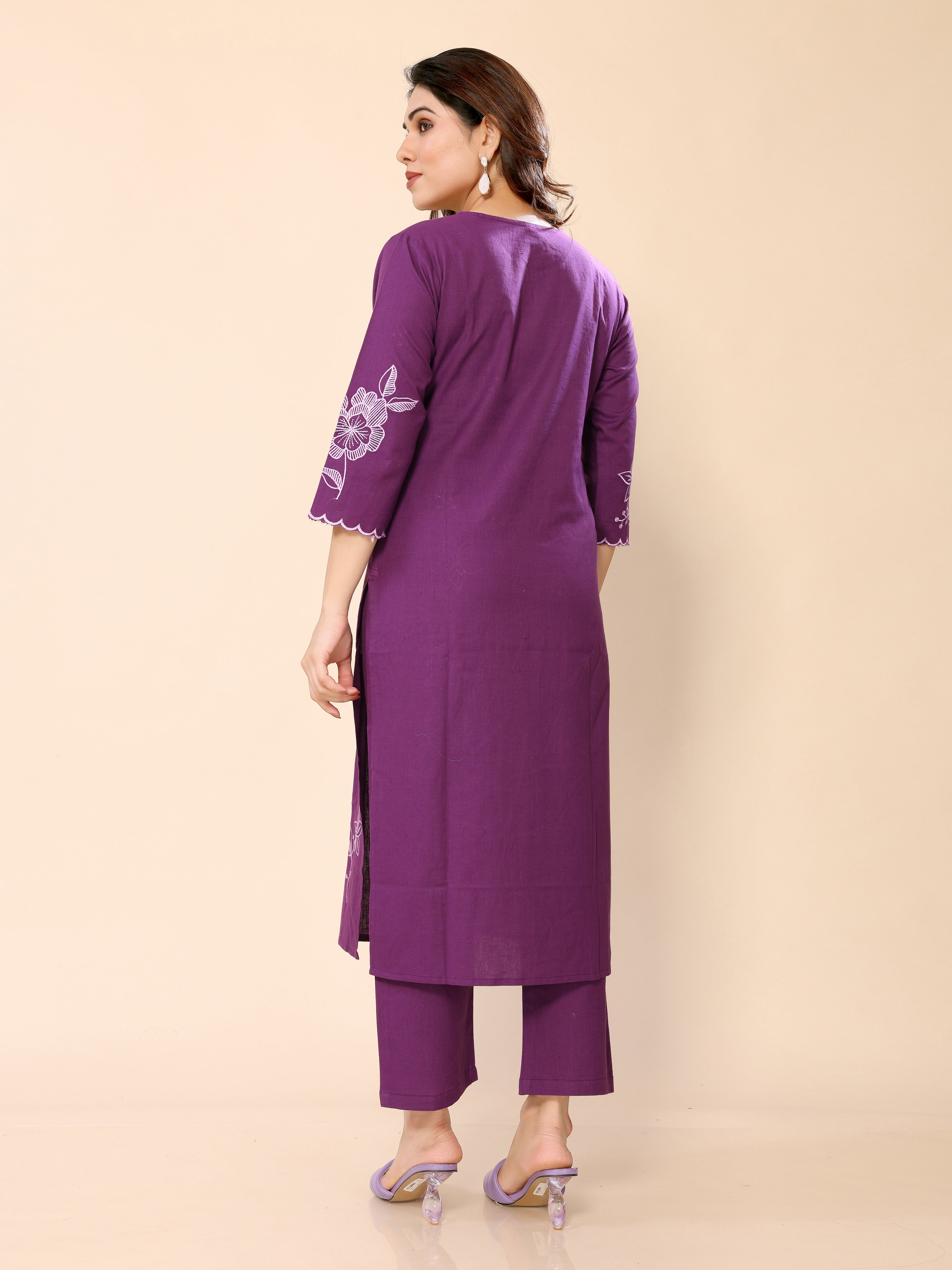 Purple Floral Embroidered Cotton Kurta with Trouser Pant
