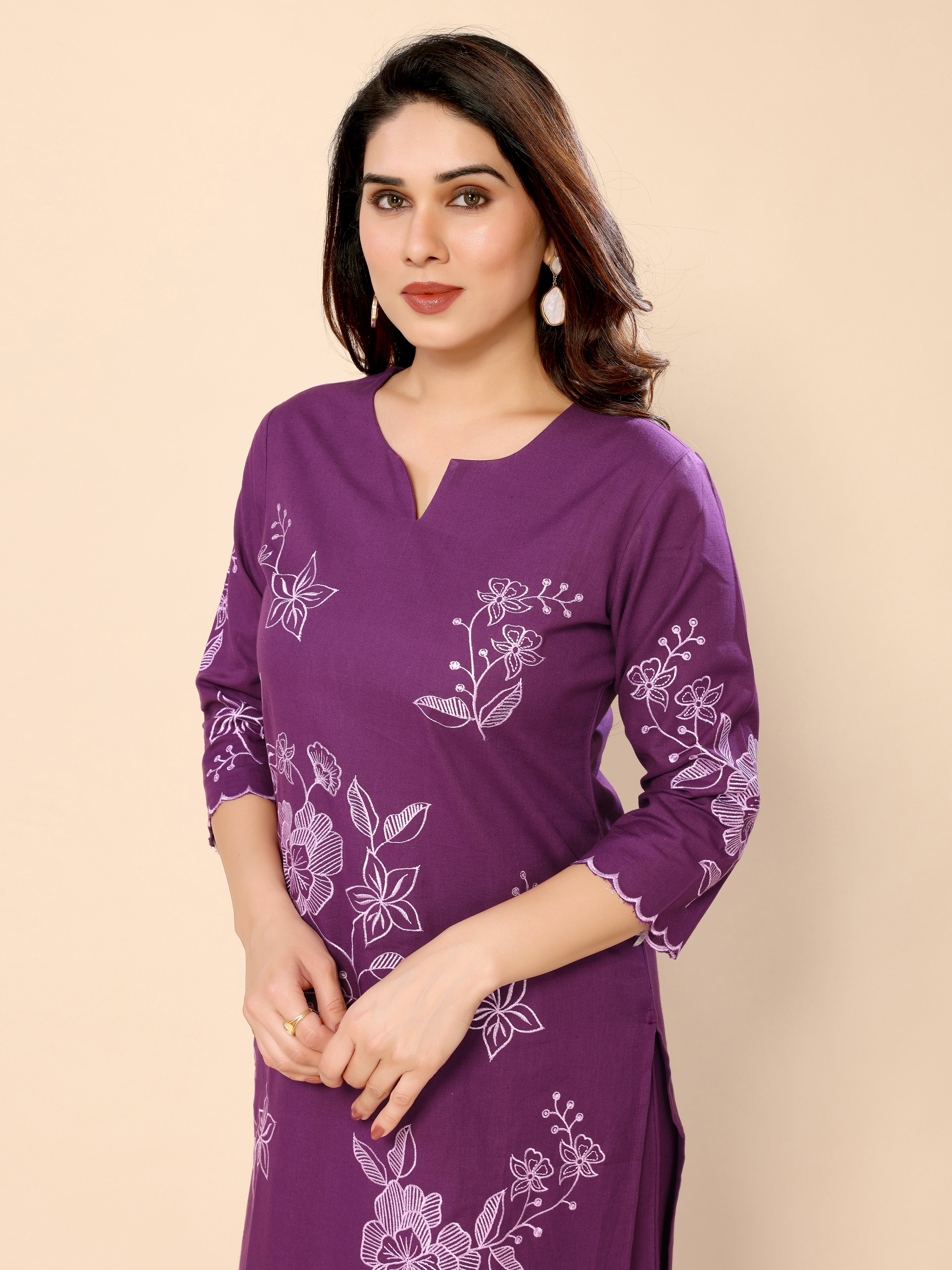 Purple Floral Embroidered Cotton Kurta with Trouser Pant