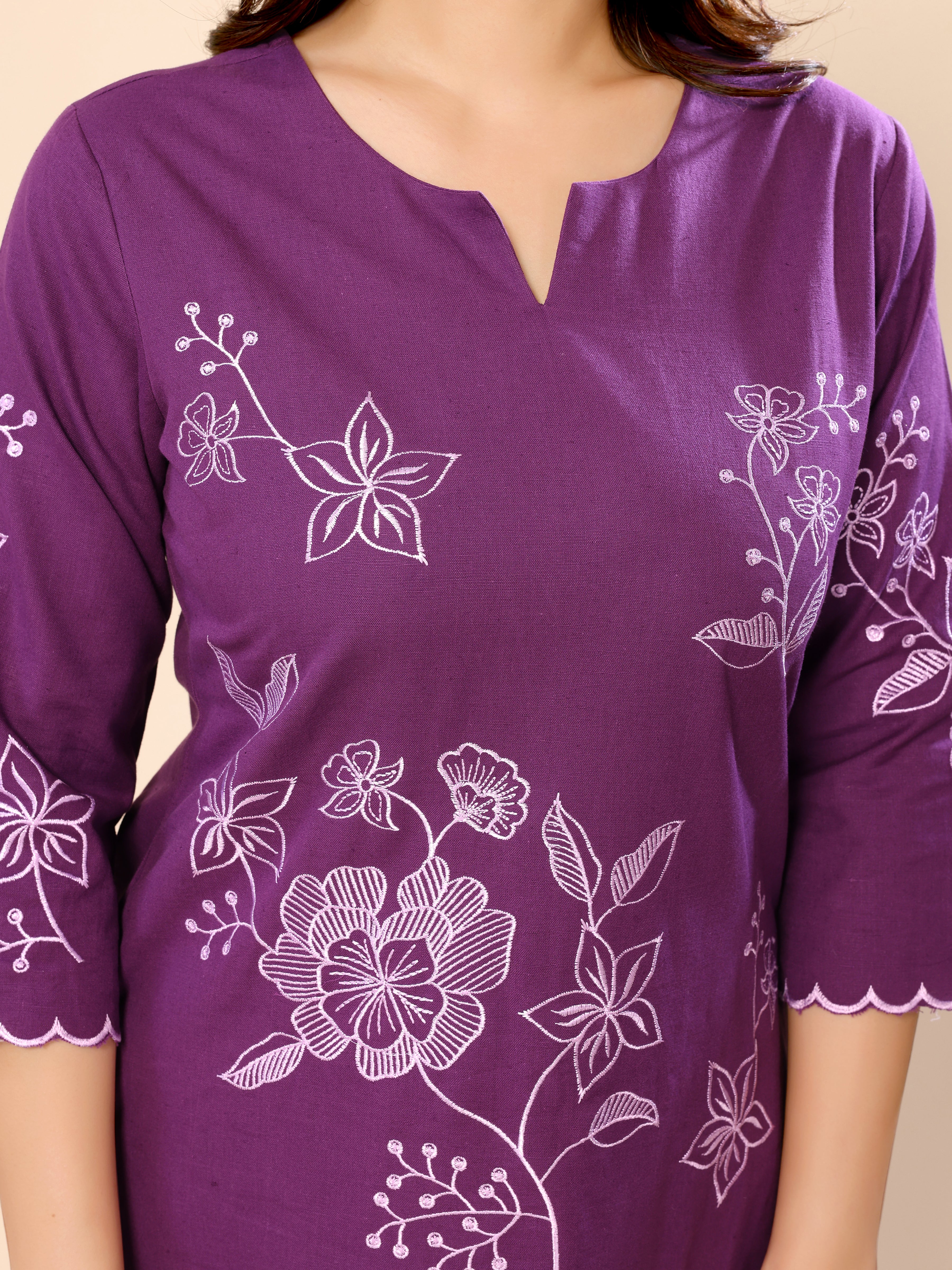 Purple Floral Embroidered Cotton Kurta with Trouser Pant