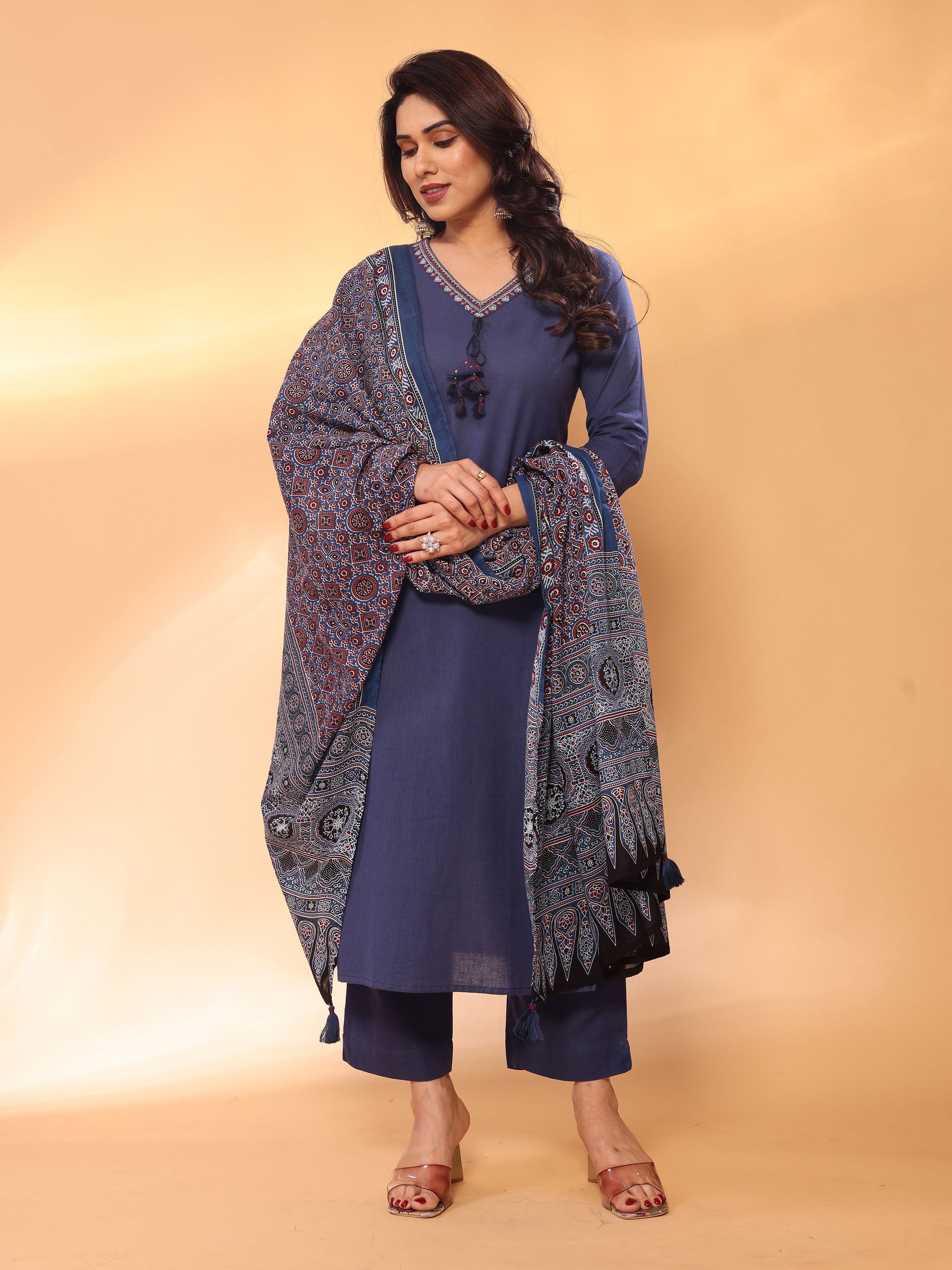Navy Blue Straight Kurta Pant & Dupatta Set