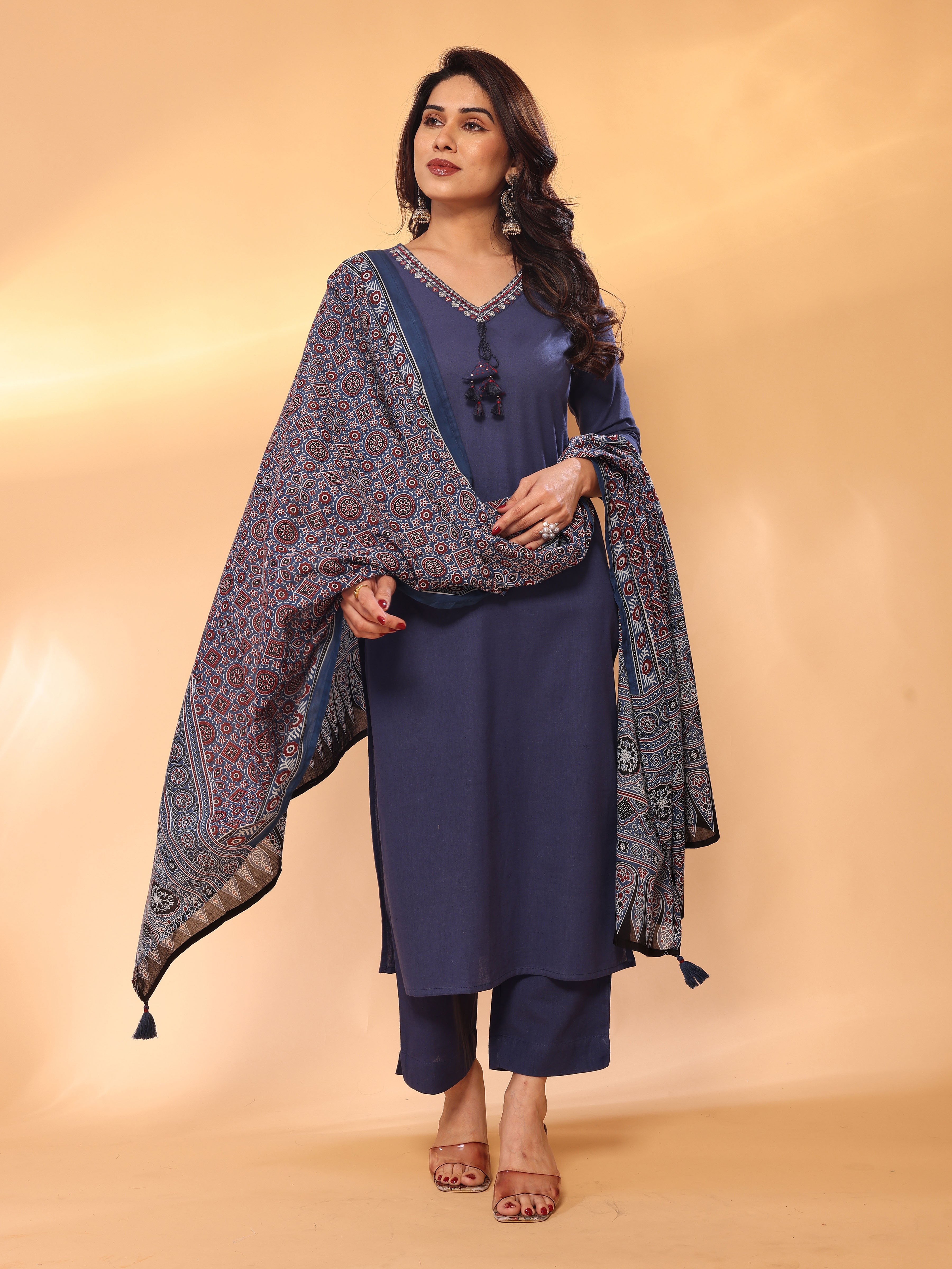 Navy Blue Straight Kurta Pant & Dupatta Set