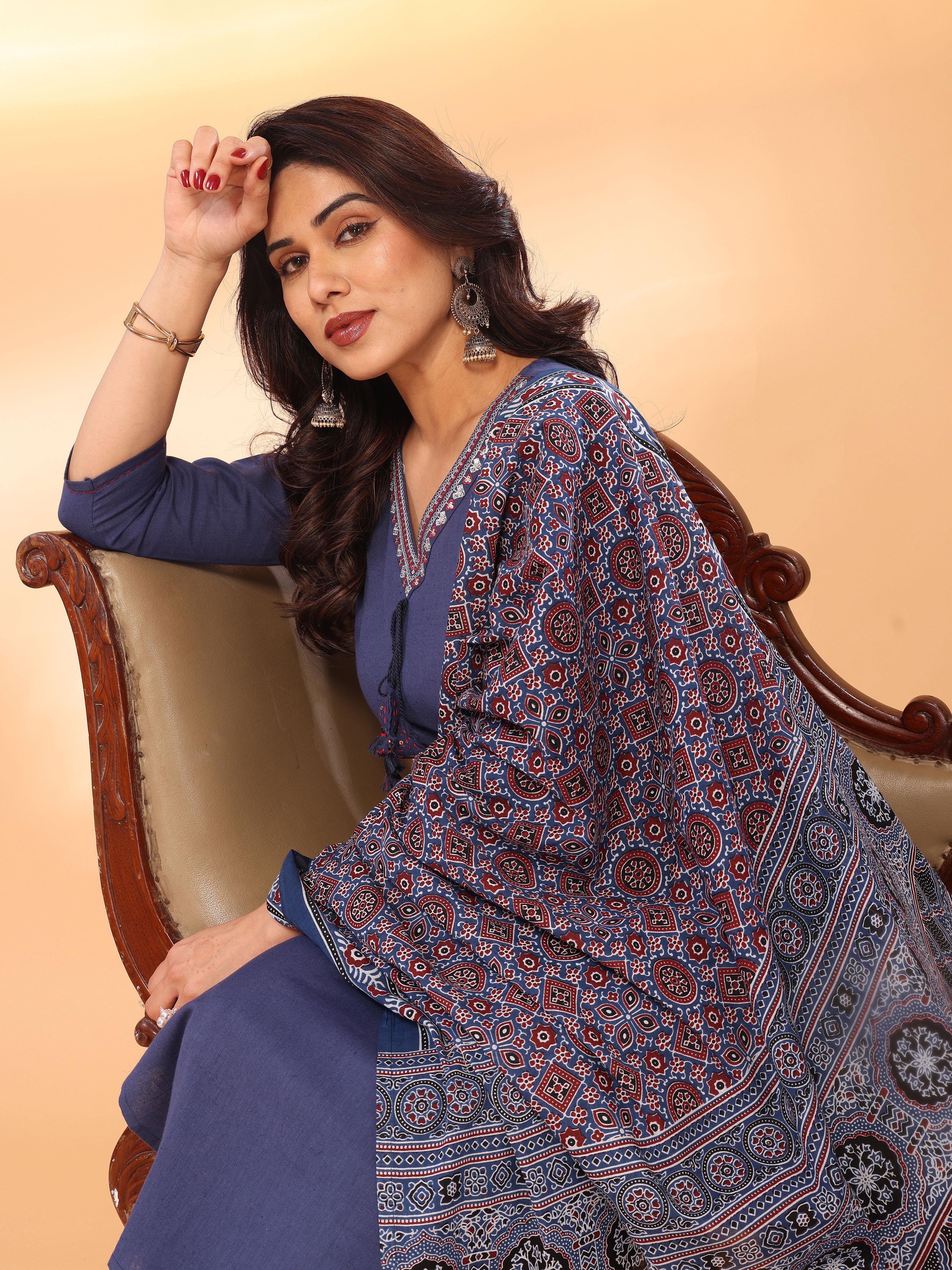 Navy Blue Straight Kurta Pant & Dupatta Set