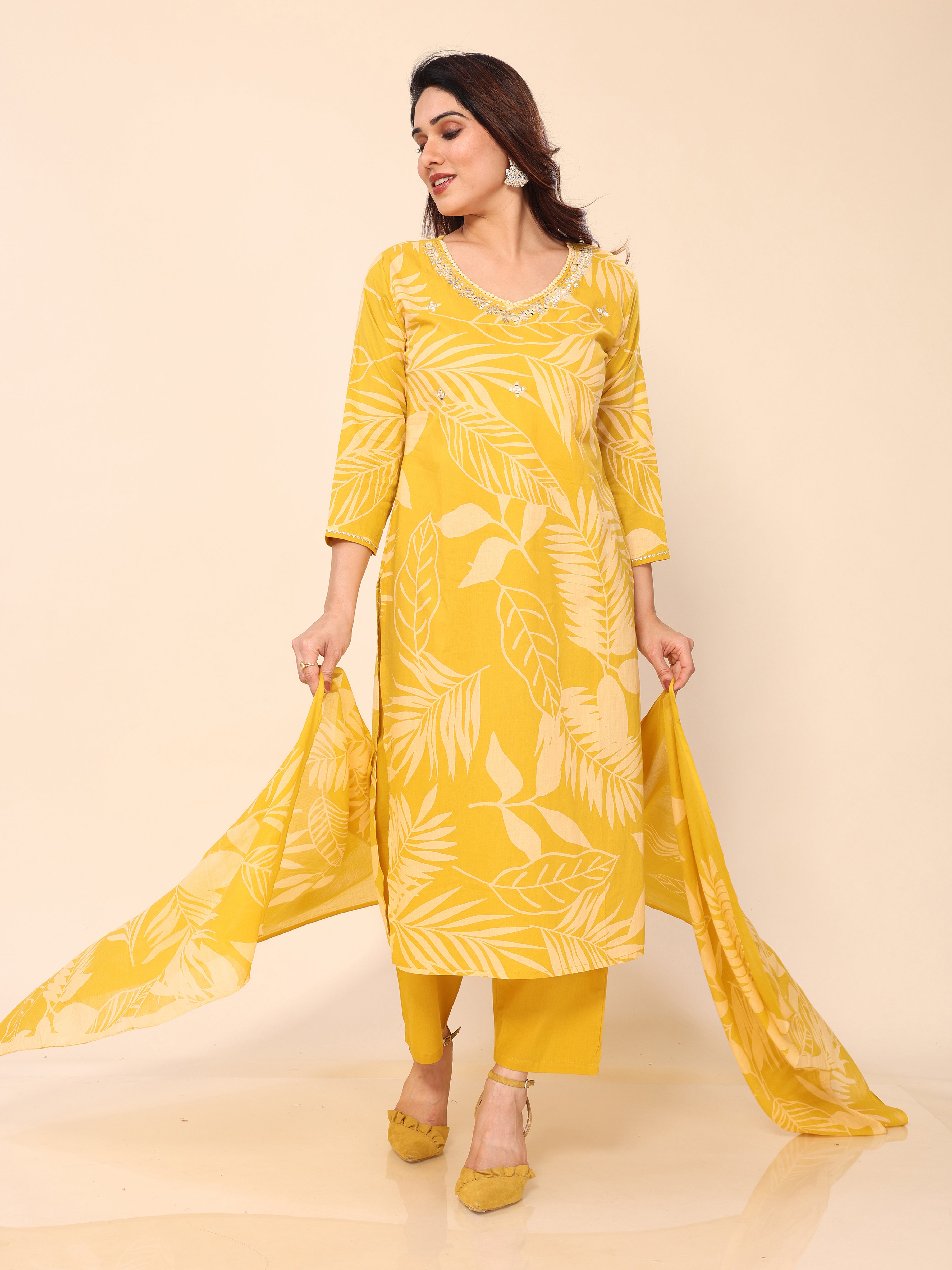 Yellow Floral Leaf Printed Neck Embroidery Kurta Pant & Dupatta Set
