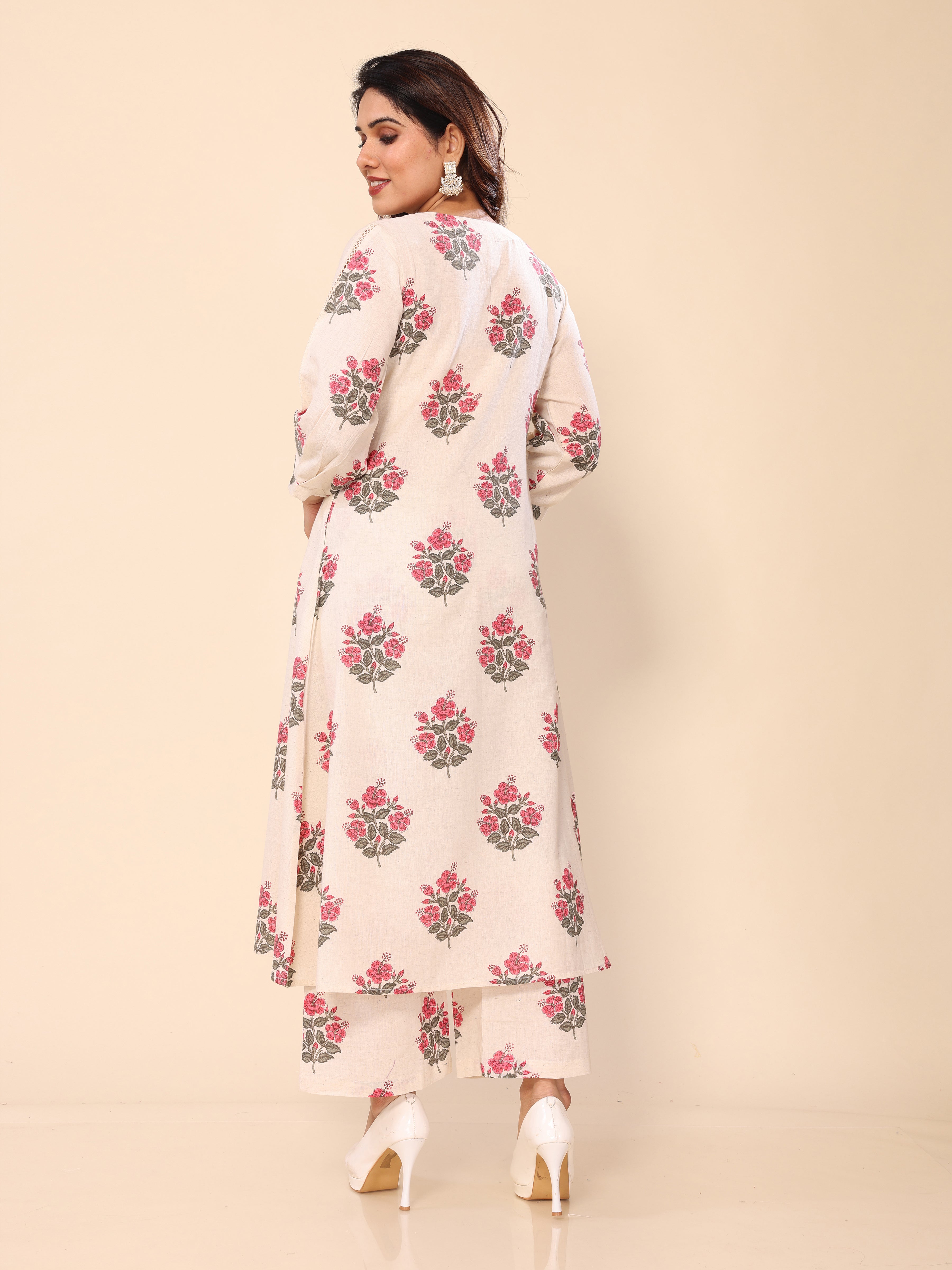 Beige Floral Printed Khadi Cotton Kurta with Palazzo