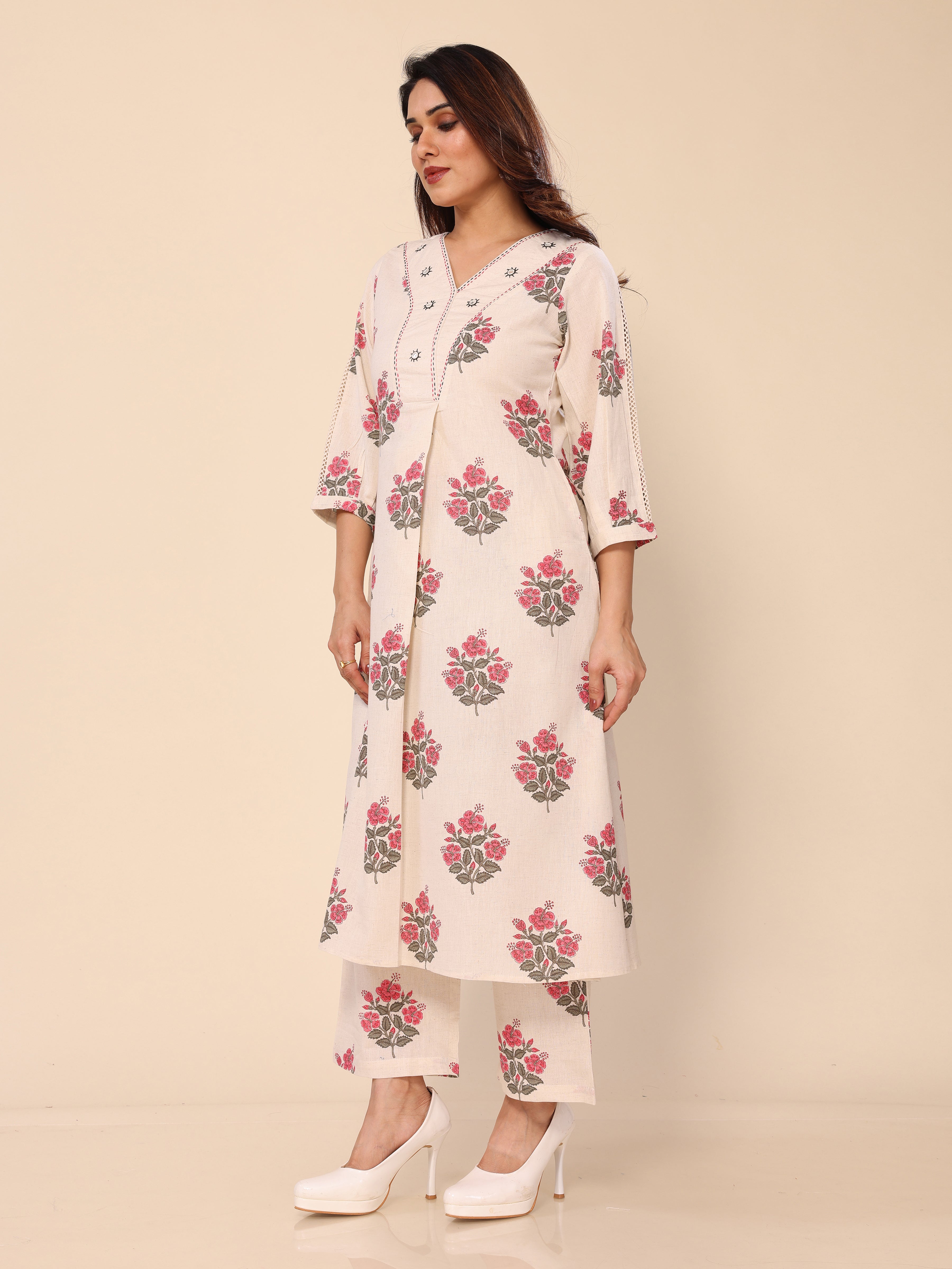 Beige Floral Printed Khadi Cotton Kurta with Palazzo