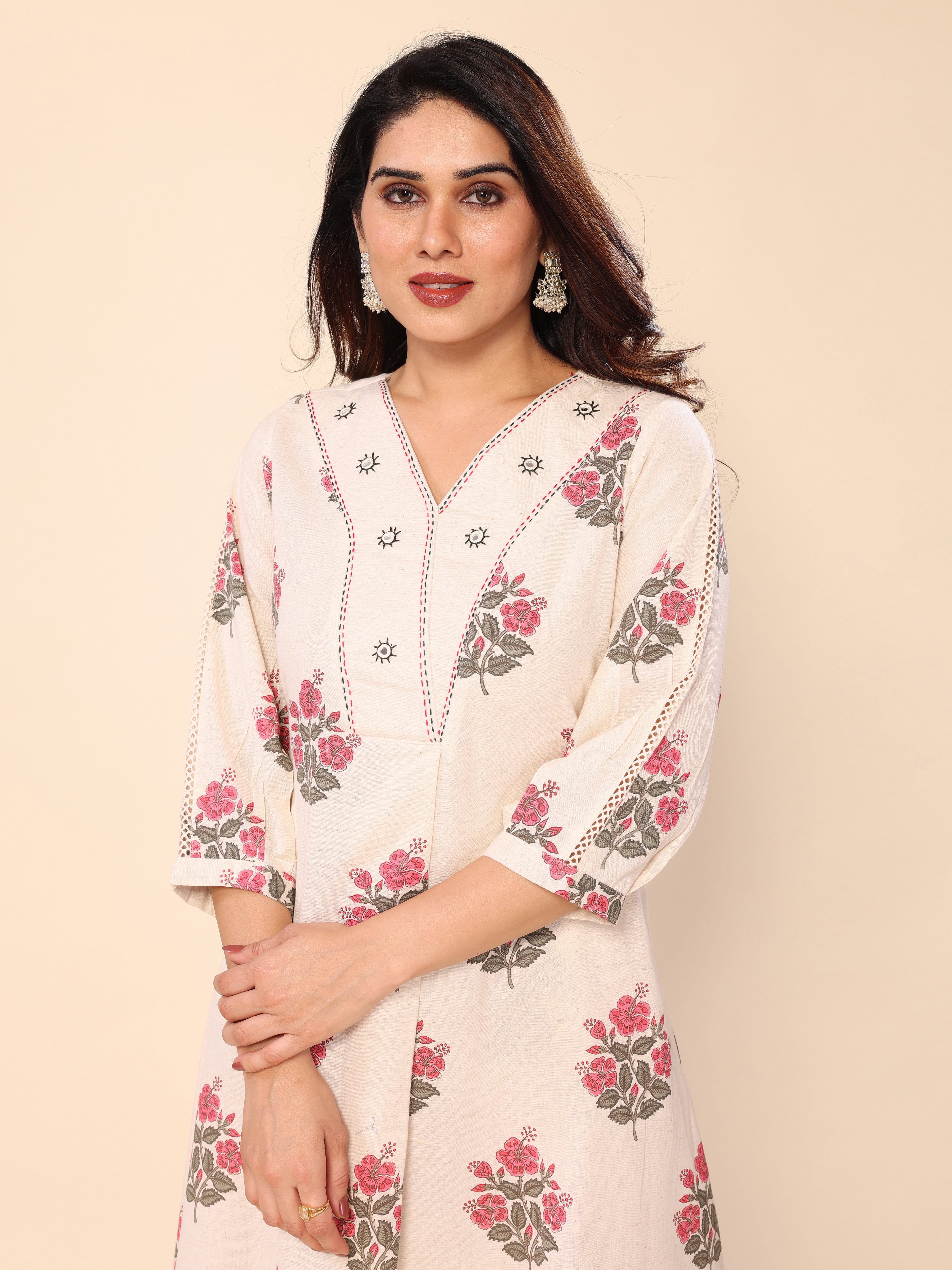 Beige Floral Printed Khadi Cotton Kurta with Palazzo