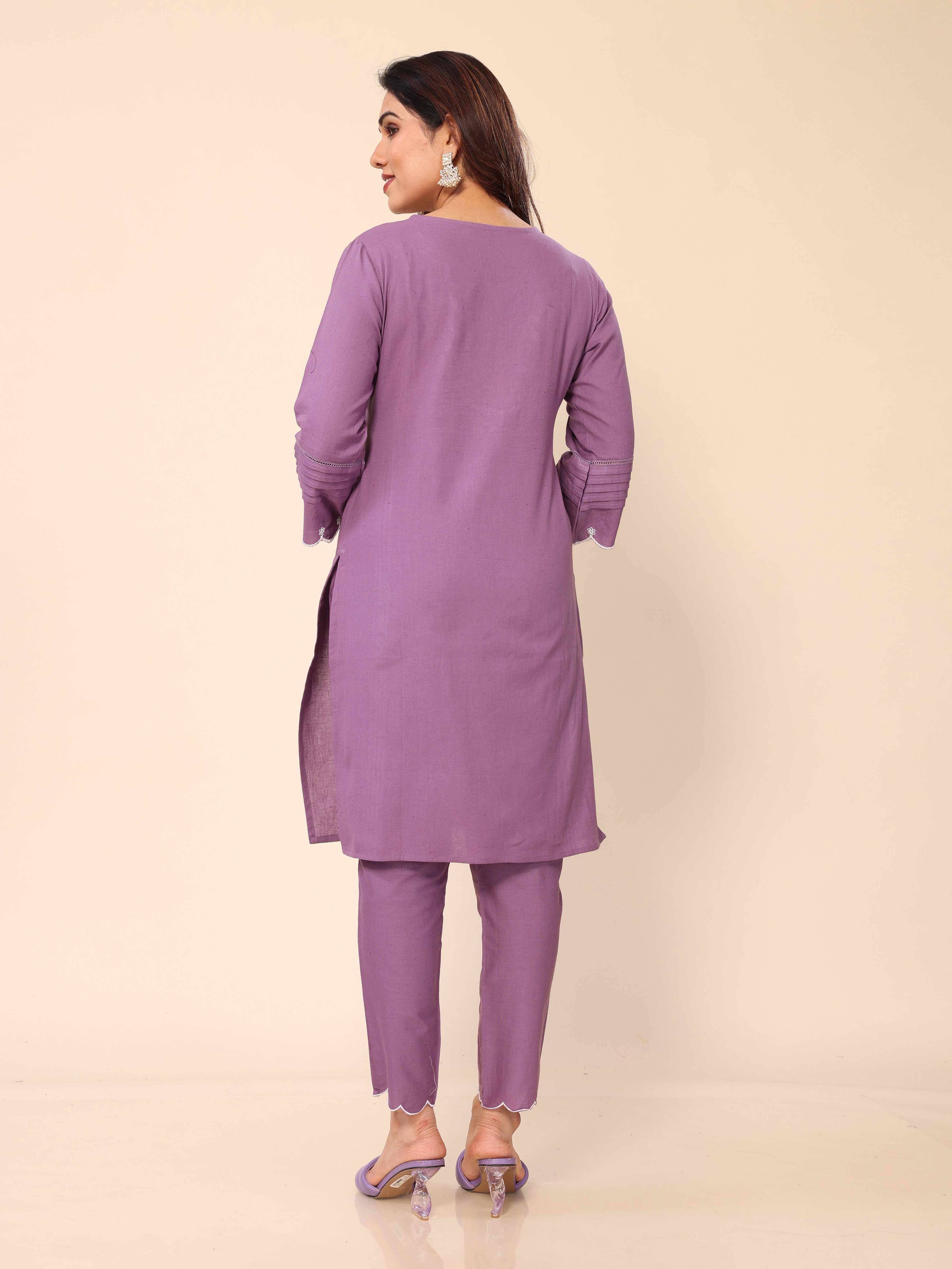 Purple Floral Embroidered Cotton Kurta with Pants