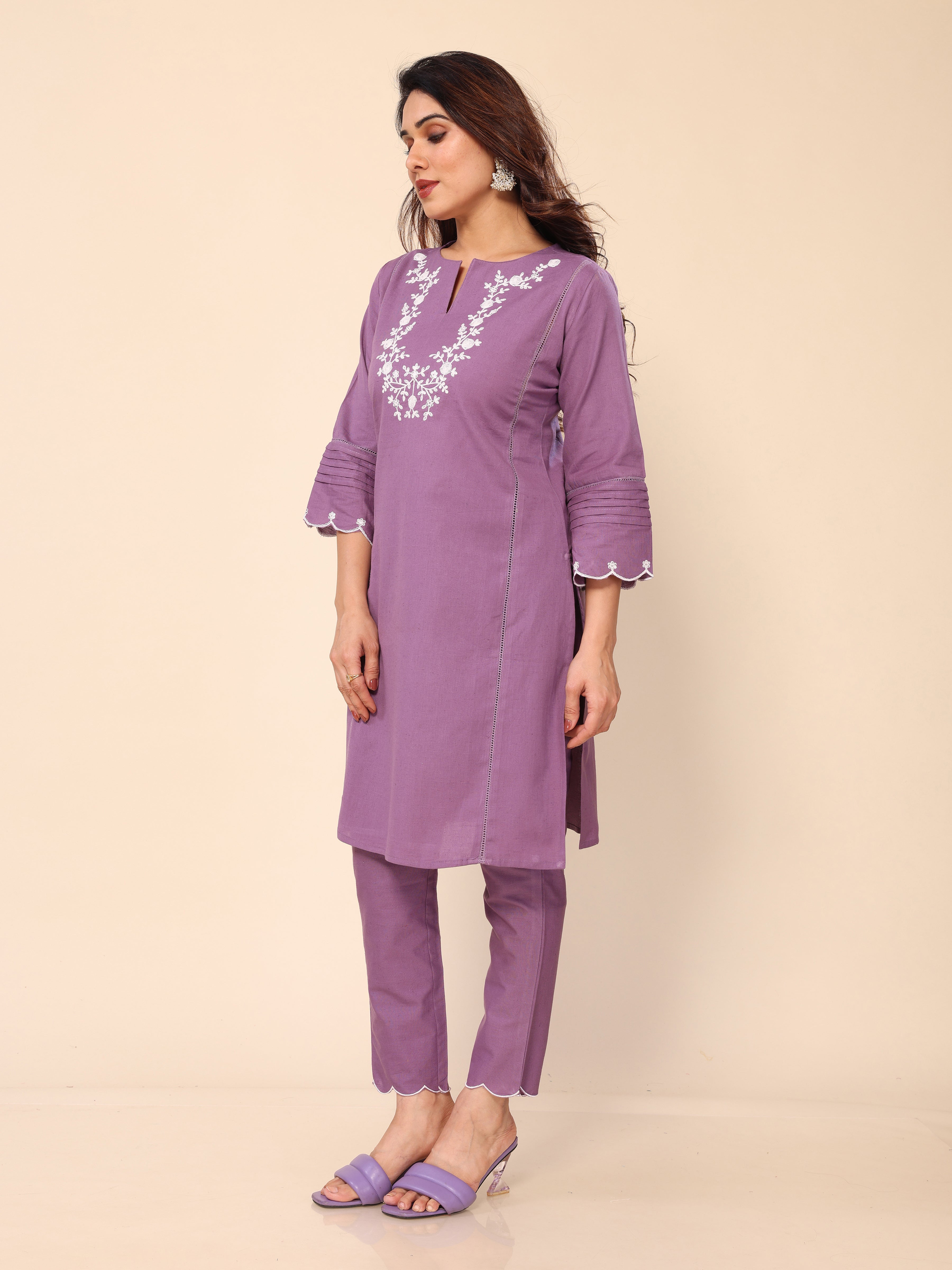Purple Floral Embroidered Cotton Kurta with Pants